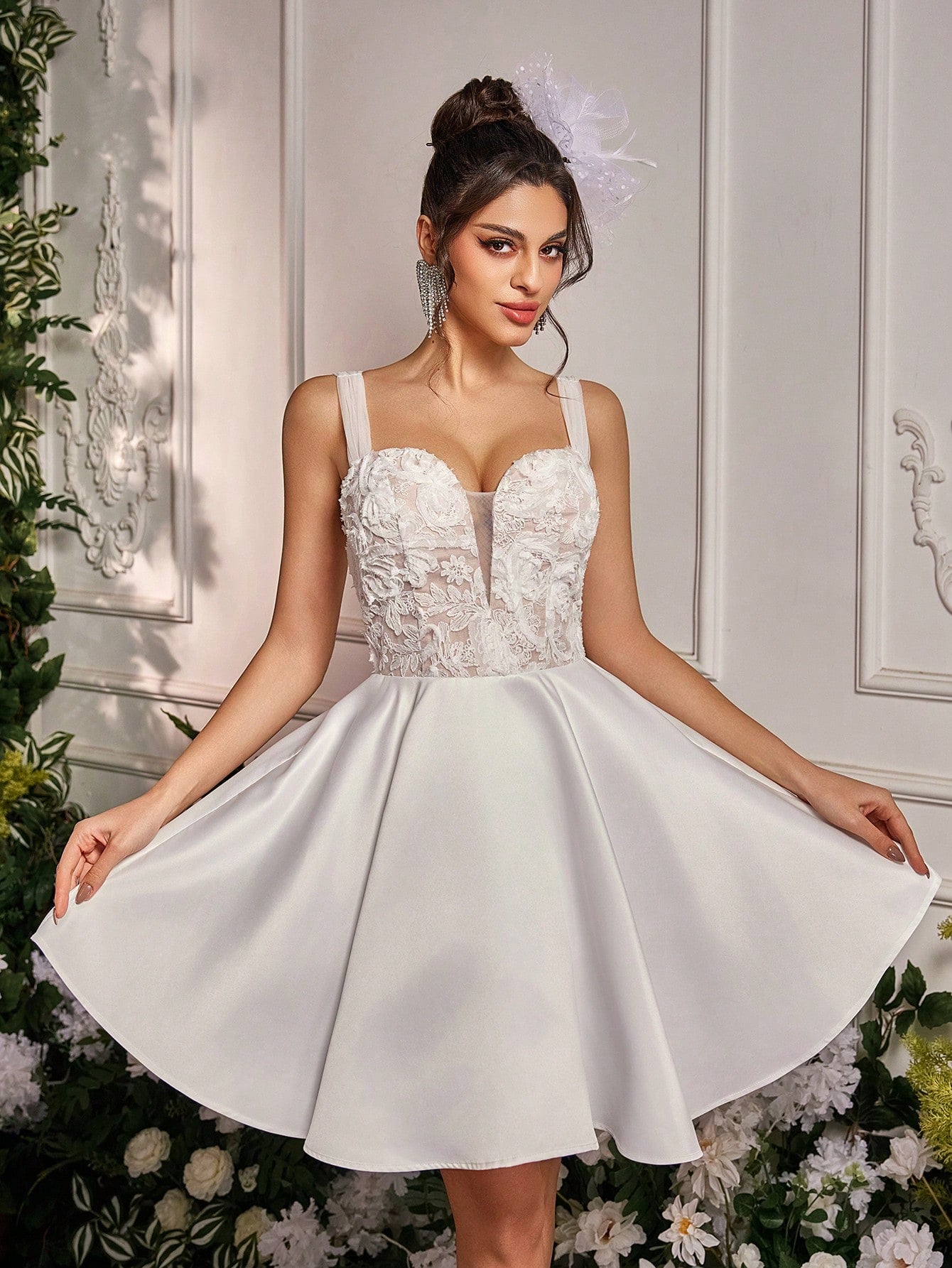 chinese dress ladies Elegant White Lace Satin Deep V-Neck Dress for Weddings, Bachelorette