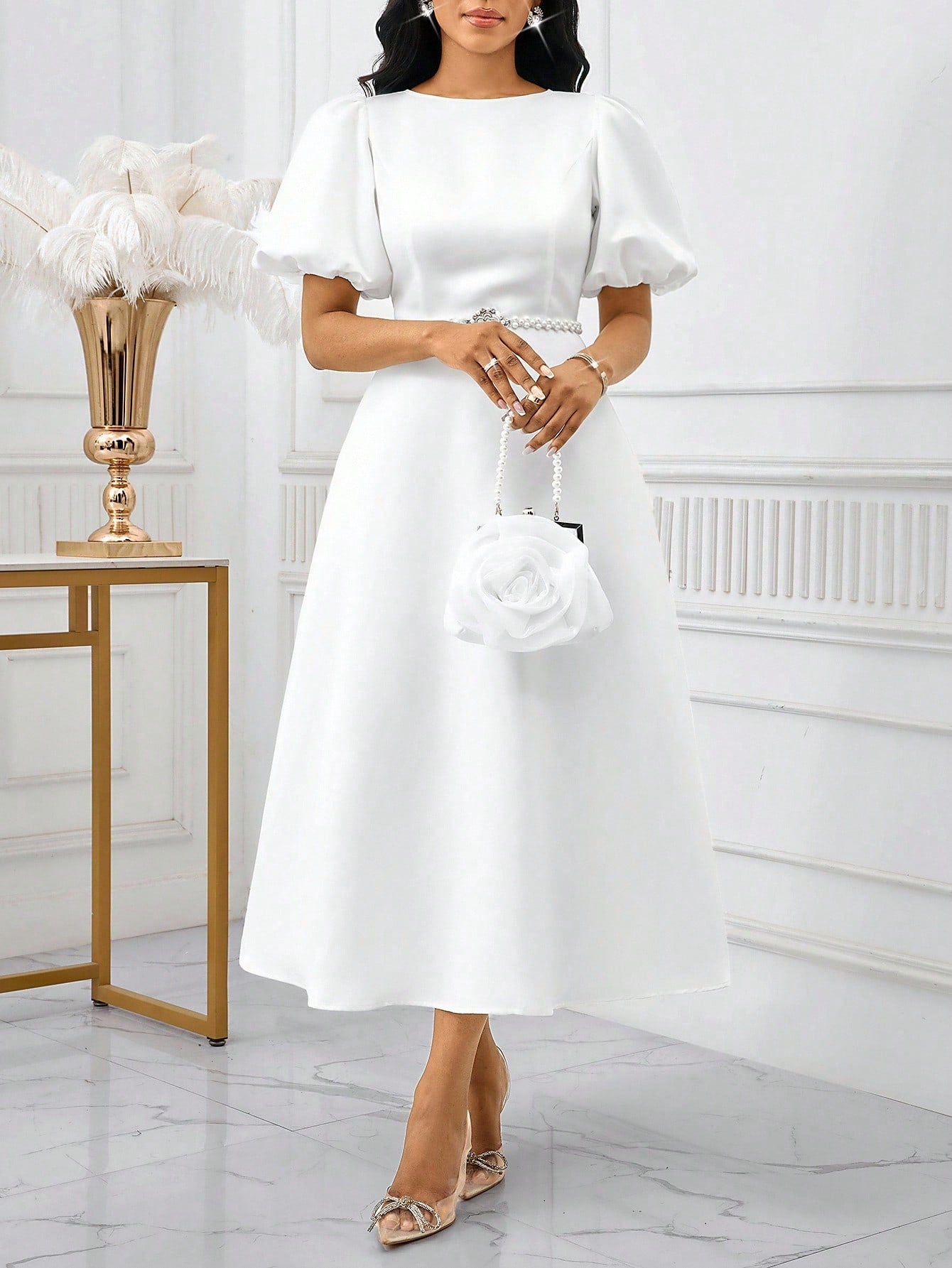 slim fit dress slacks Elegant White Puff Sleeve Dress for Spring & Summer