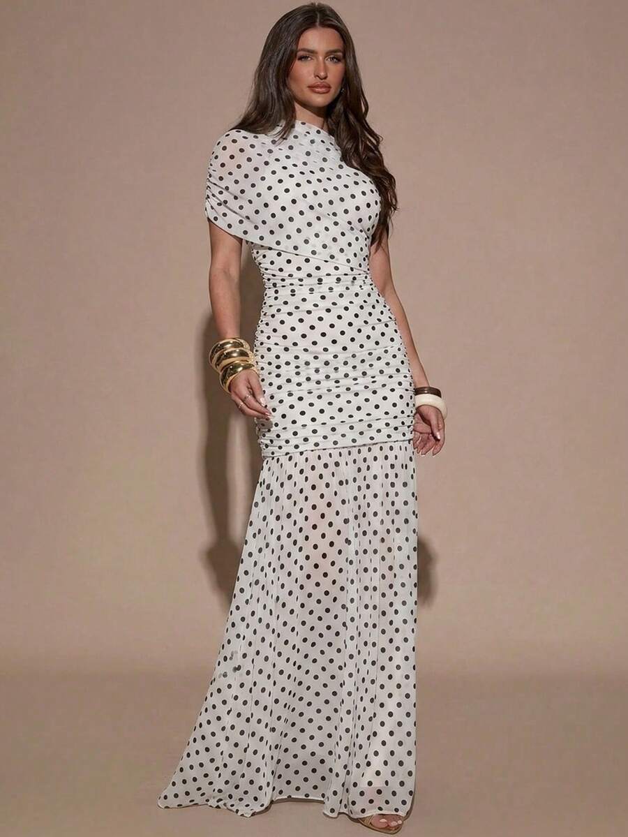 Elegant White and Black Polka Dot Bodycon Dress with Ruffle Hem for a – Canary Houze