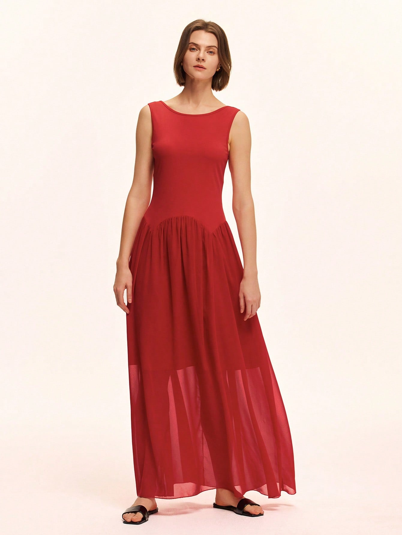 Elegant Women's A-Line Chiffon Dress with Round Neck, Sleeveless Desig Canary Houze Elegant Women's A-Line Chiffon Dress with Round Neck, Sleeveless Desig Canary Houze