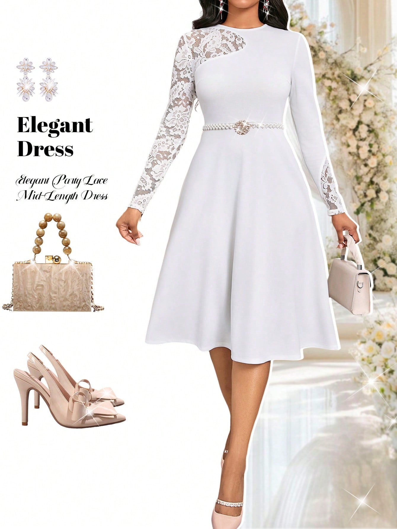 Elegant Women's Mid-Length Lace Patchwork Dress for Parties