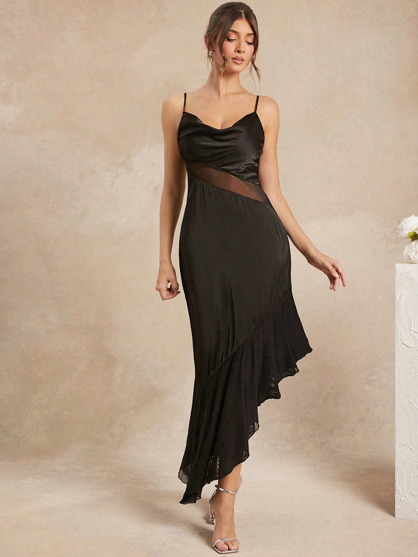 Elegant Women's Solid Color Chiffon Slip Dress with Flounce Collar and  Ruffle Hem
