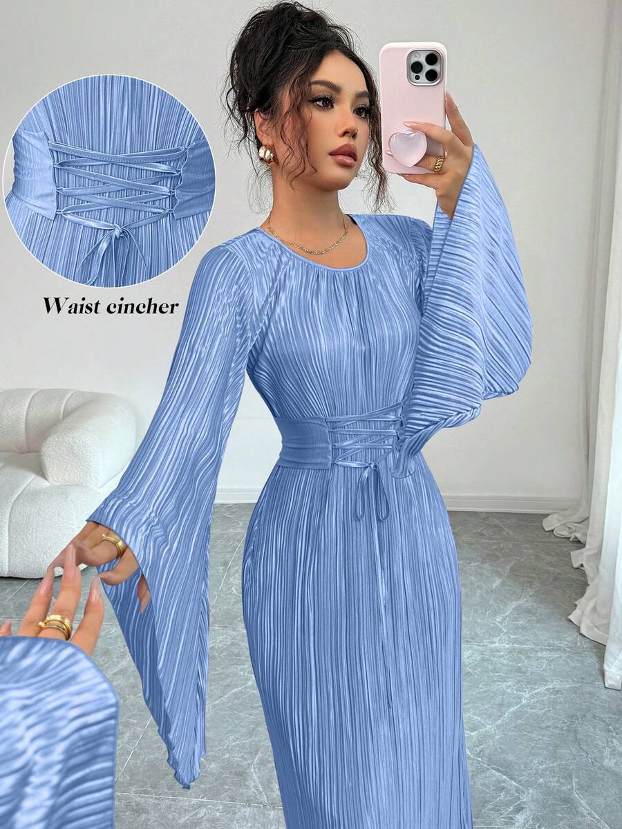 Elegant Women's Solid Color Pleated Dress with Flare Sleeves and Waist – Canary Houze
