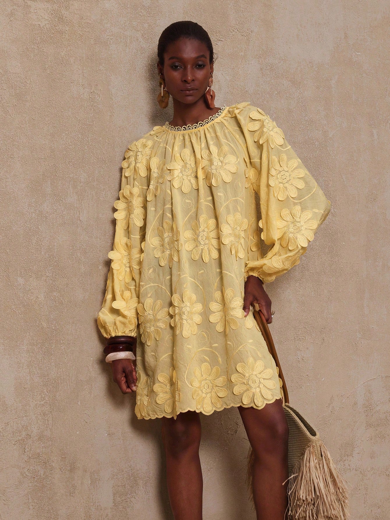 Elegant Yellow Floral Embroidered Ruffle Short Dress for Spring & Summ Canary Houze Elegant Yellow Floral Embroidered Ruffle Short Dress for Spring & Summ Canary Houze