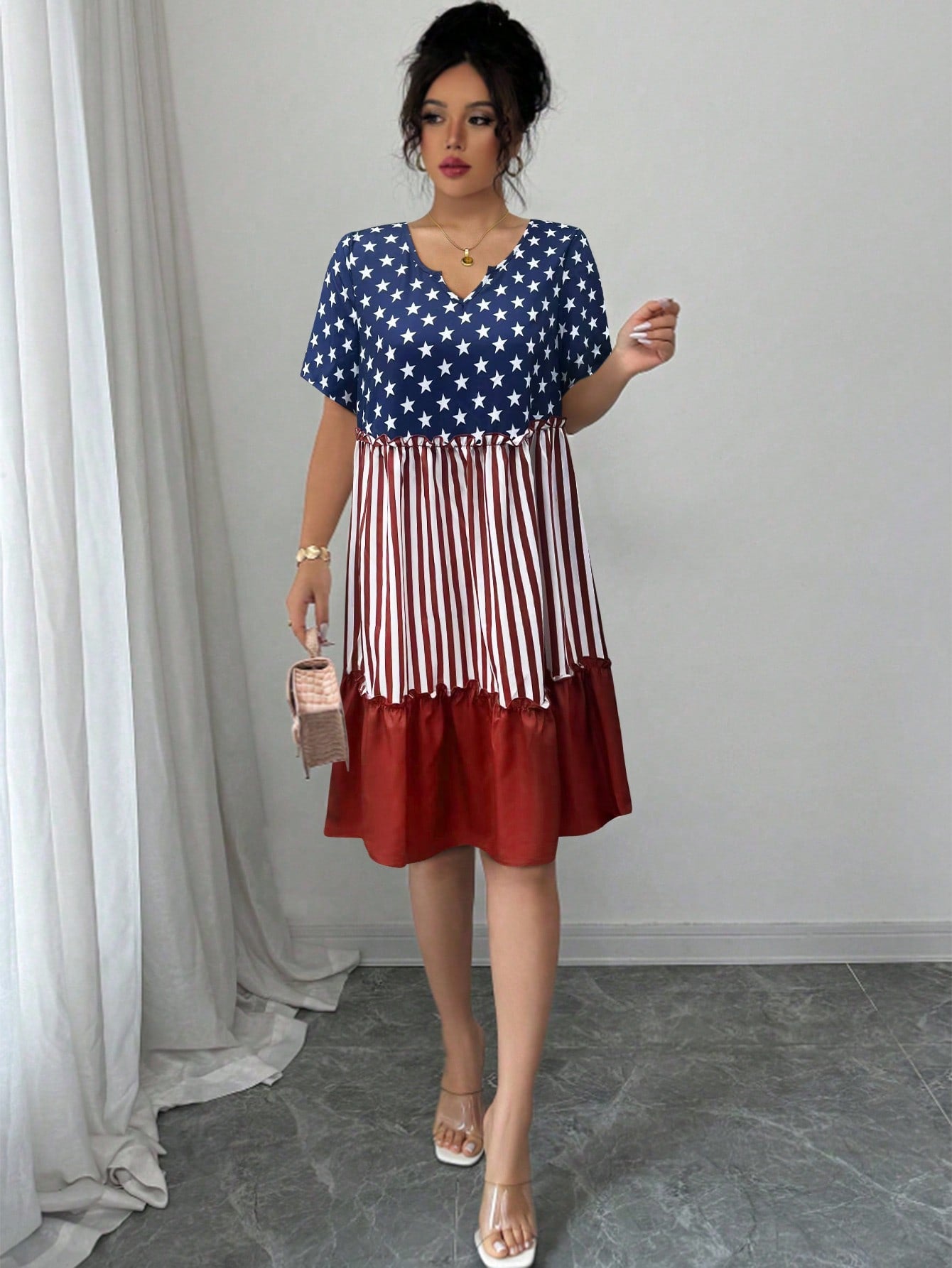 Summer Casual Short Sleeve Dress with Trendy Patchwork Flag Print – Canary  Houze