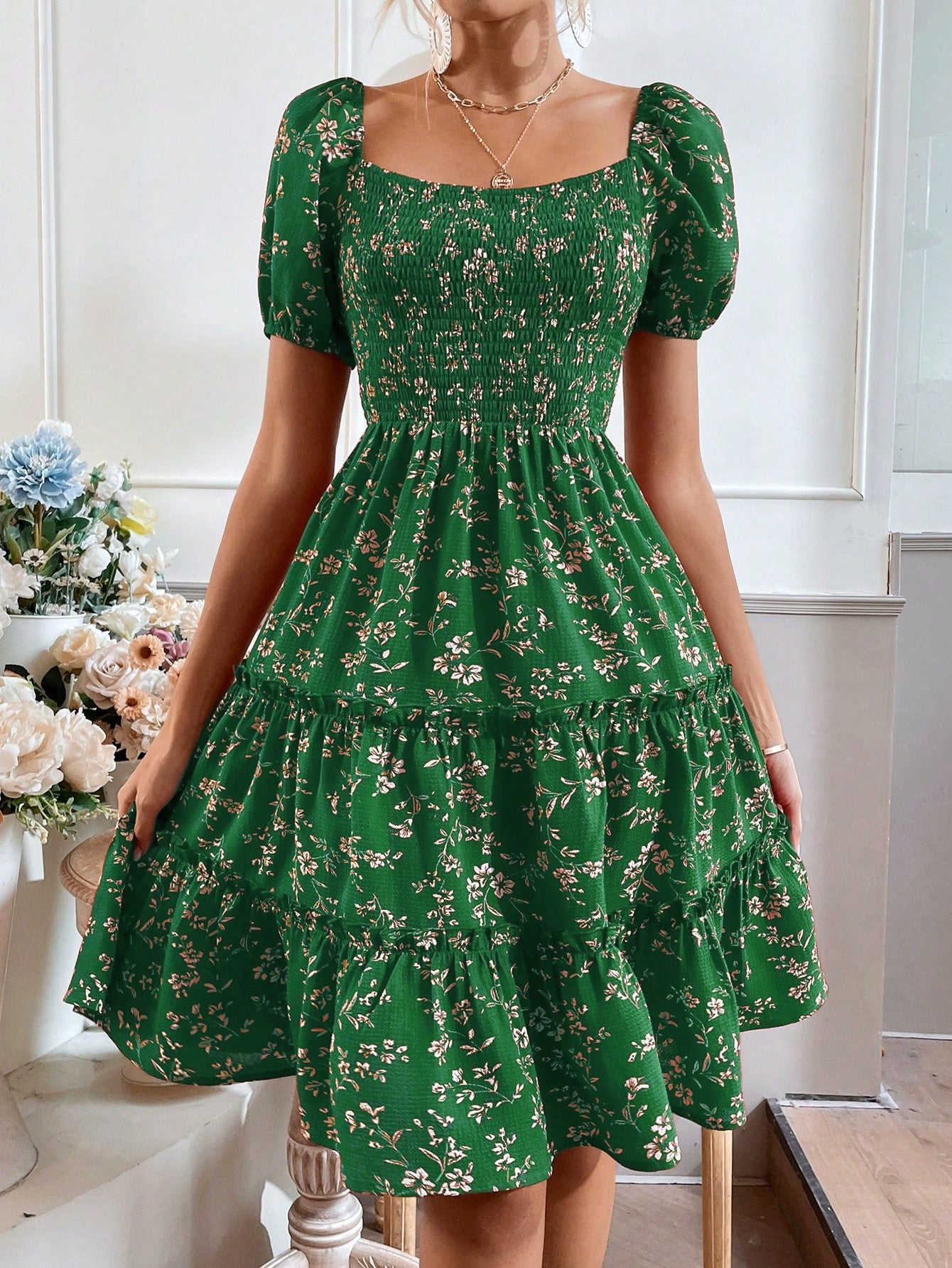 Enchanting Unity Floral Puff Sleeve Dress with Shirred Layered Hem