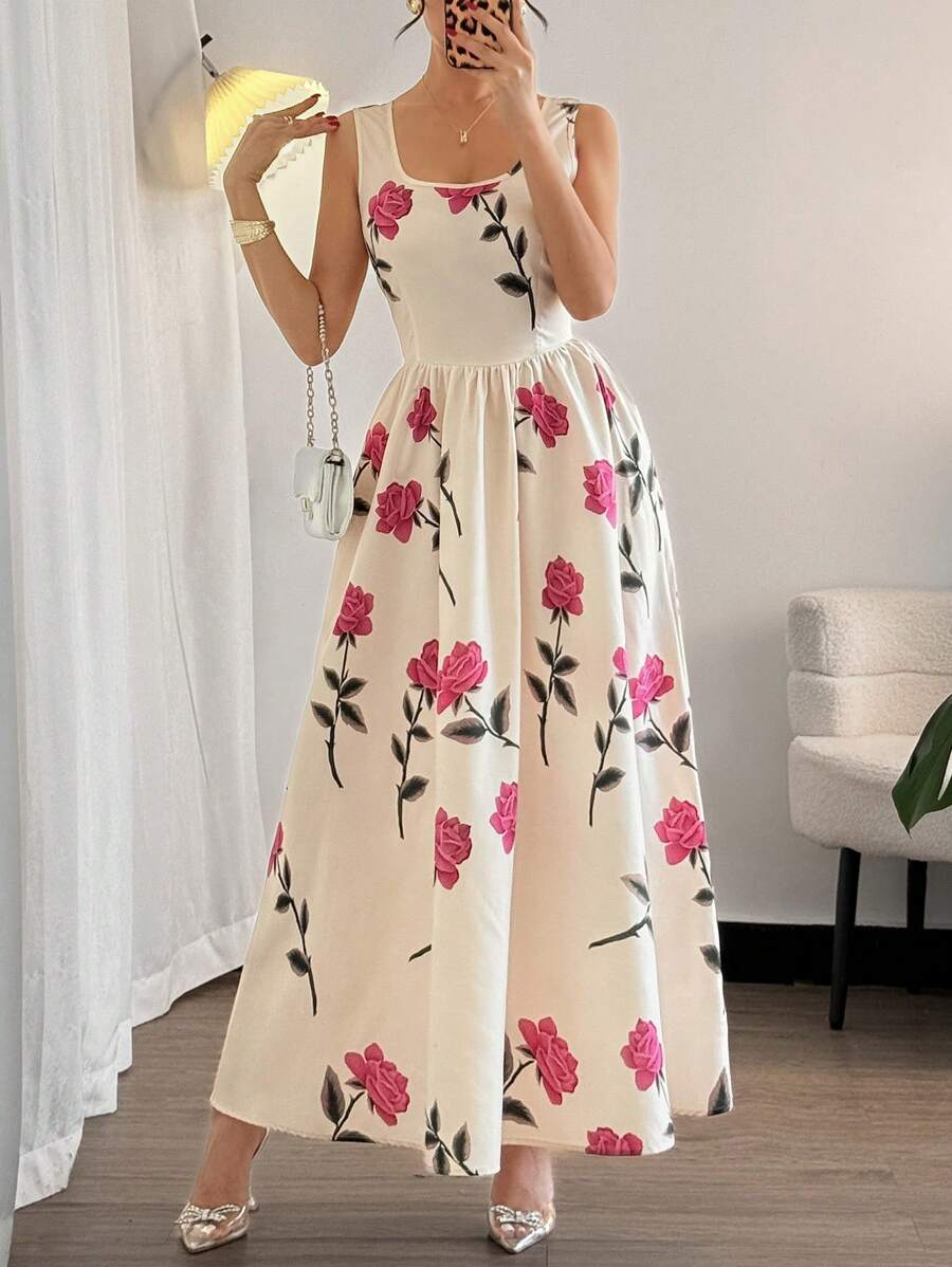 Floral Print Summer Maxi Dress for Women - Elegant Round Neck with Cinched Waist Floral Print Summer Maxi Dress for Women - Elegant Round Neck with Cinched Waist