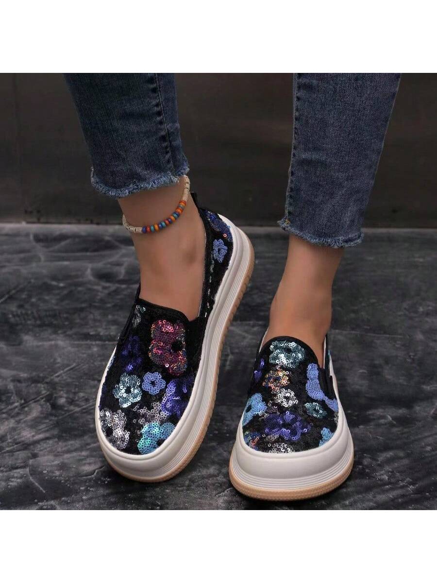 Glittering Metallic Flower Platform Slip-On Canvas Shoes for Women – P