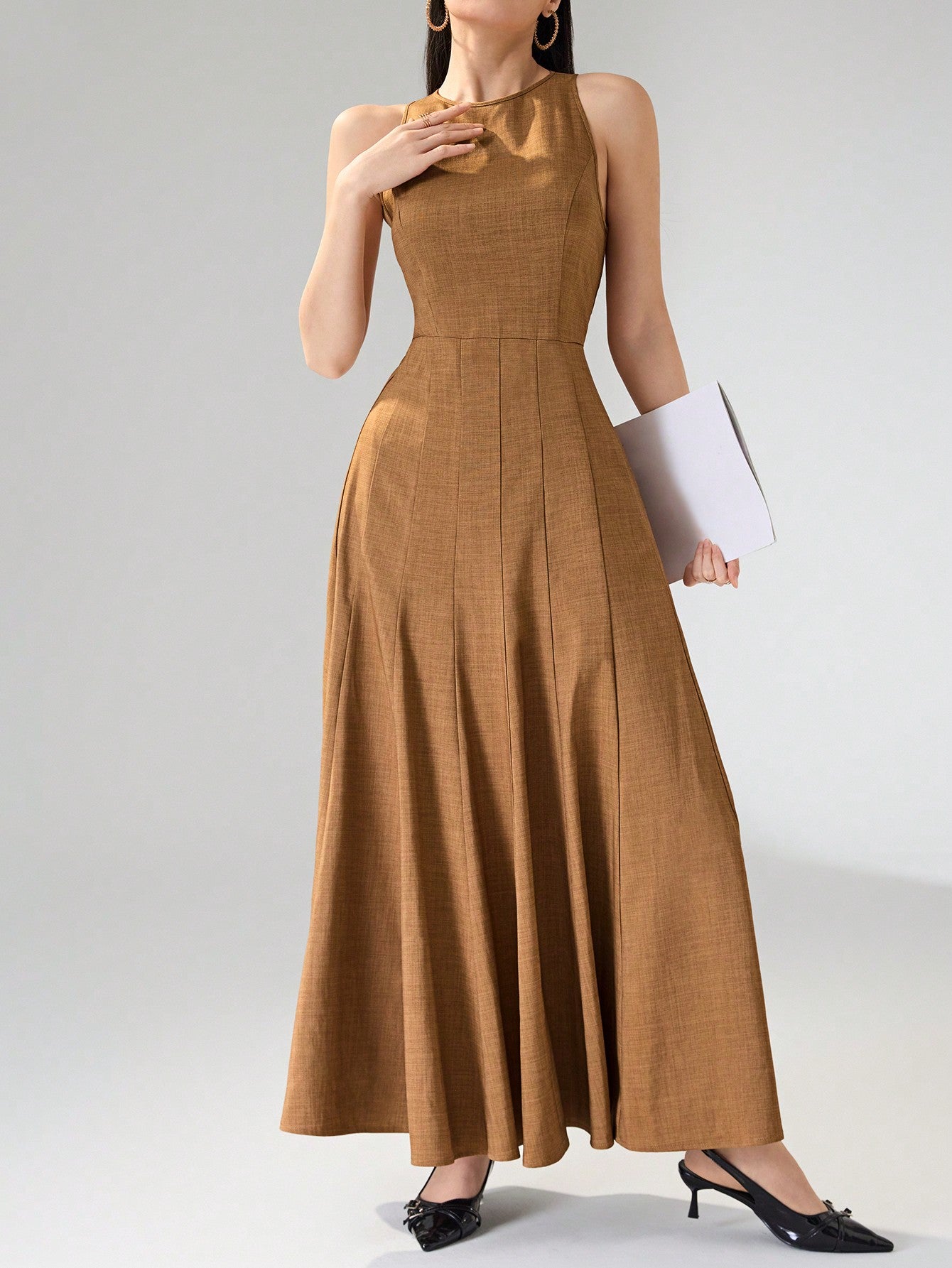 Heiryn Khaki Flared Maxi Dress Women's Ruffle Hem Sleeveless Round Neck High Waist A-Line Woven Fabric Elegant Office Casual Long,XL Heiryn Khaki Flared Maxi Dress Women's Ruffle Hem Sleeveless Round Neck High Waist A-Line Woven Fabric Elegant Office Casual Long,XL