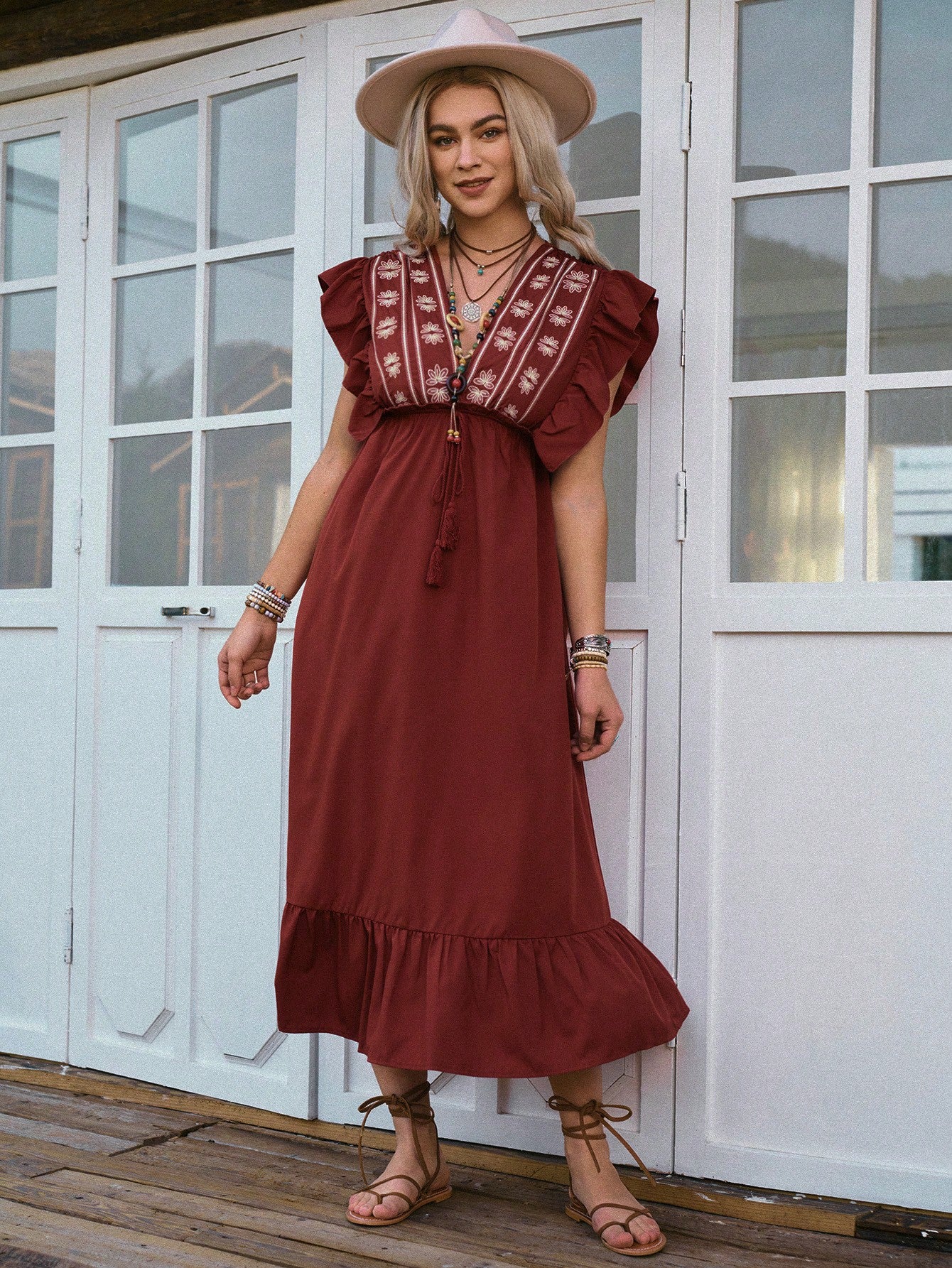 Holiday Casual Embroidered Ruffle Hem Midi Dress for Effortless Elegan Canary Houze Holiday Casual Embroidered Ruffle Hem Midi Dress for Effortless Elegan Canary Houze