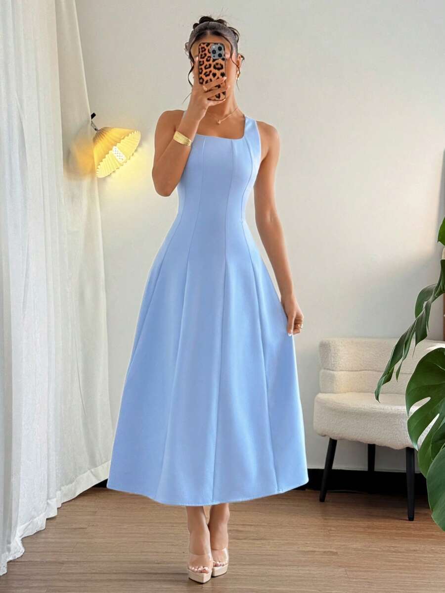 Light Blue Slim Fit Mid-Length Summer Dress for Women