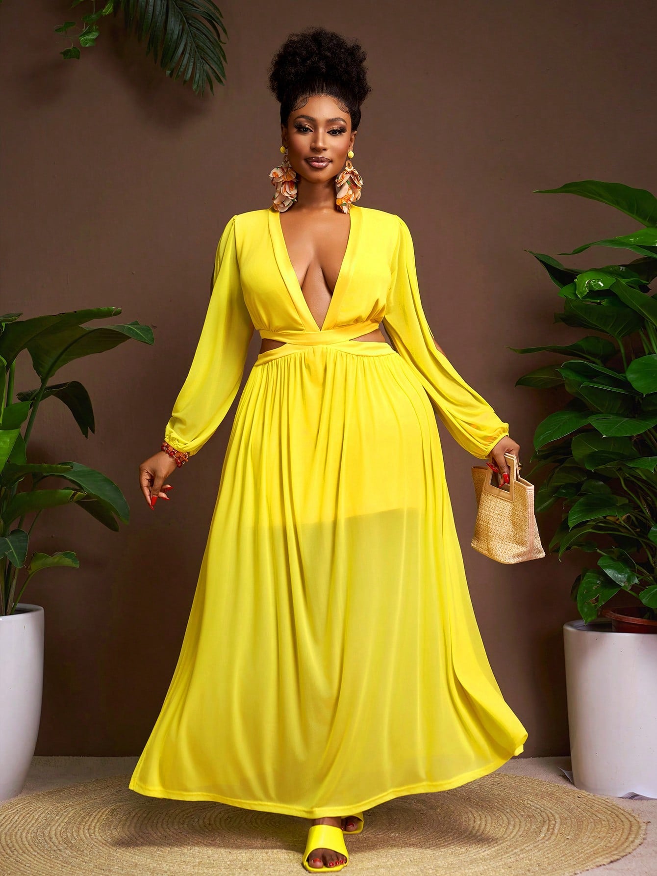 Light Yellow Sheer Lace Maxi Dress with High Split and Hollow-Out Wais Canary Houze Light Yellow Sheer Lace Maxi Dress with High Split and Hollow-Out Wais Canary Houze