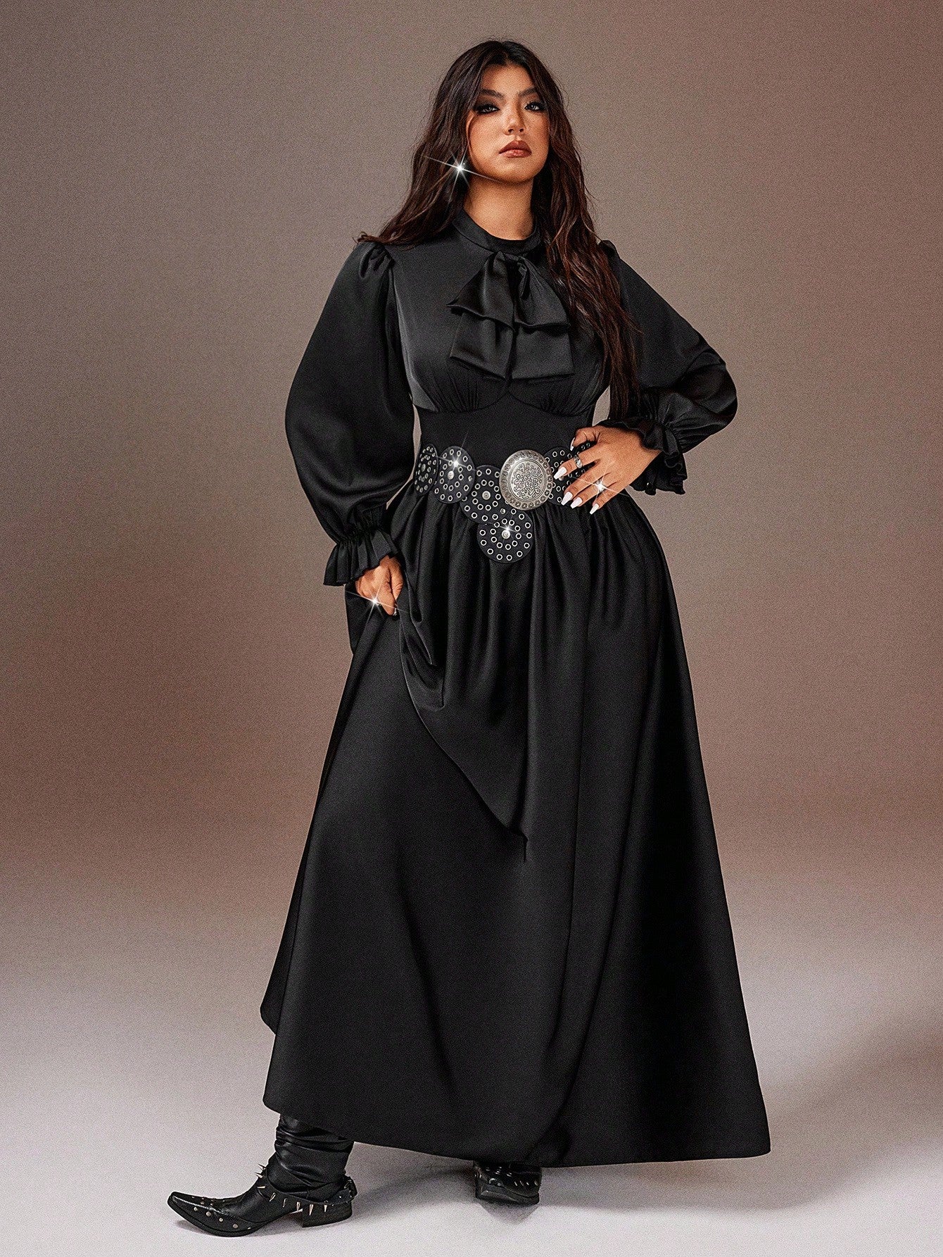 Mandarin Collar Bow Tie Plus Size Polyester Sunset Autumn Winter Flowy A-Line Long Dress Mandarin Collar Bow Tie Plus Size Polyester Sunset Autumn Winter Flowy A-Line Long Dress
