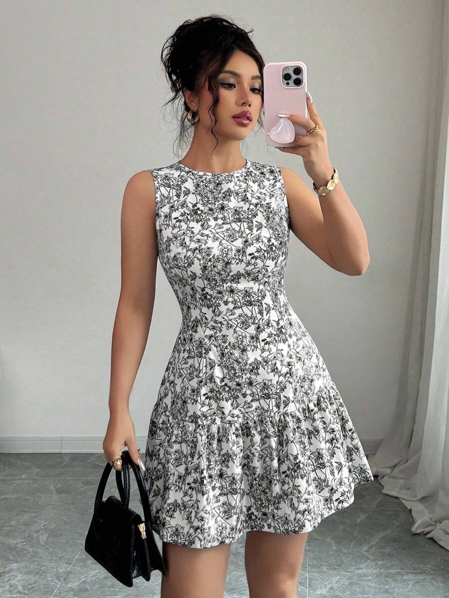 New Boho Elegant French Floral Print Sleeveless Ruched Waist Mini Dress For  Women