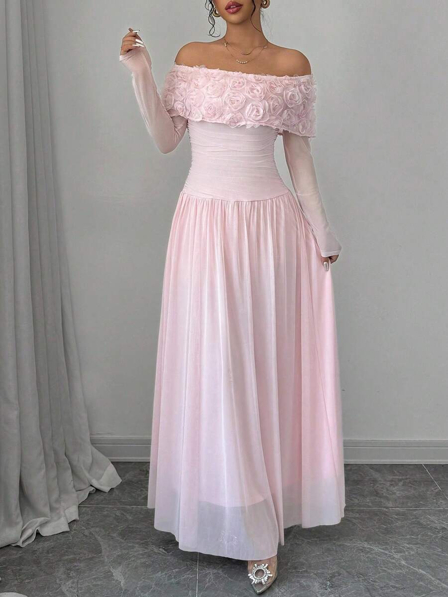 chinese dress ladies Selianne Valentine's Day Women's Off-Shoulder Butterfly Decor Pleated Romantic Sweet Dress Maxi Women Outfit,M