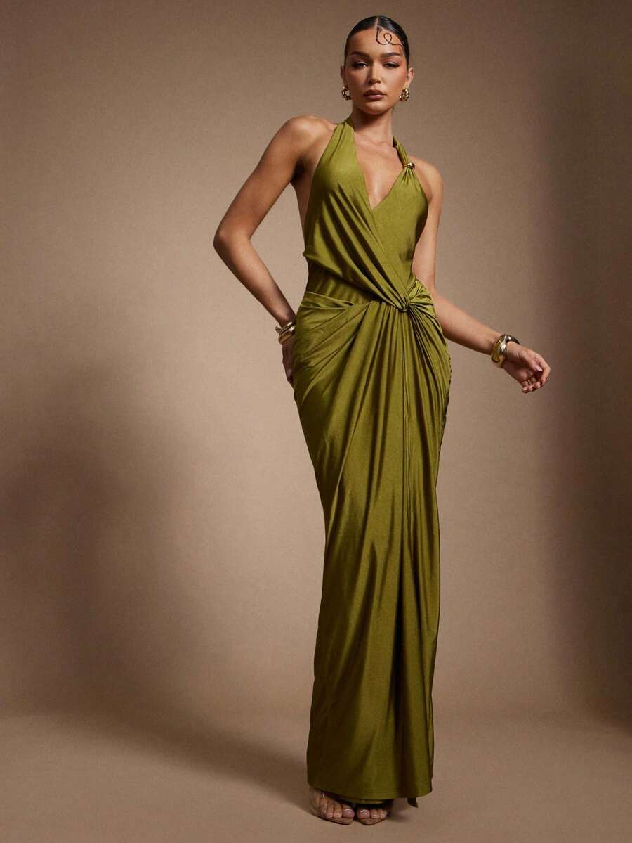 Olive Green Satin Halter Dress for Summer Nights: Chic and Elegant Wom –  Canary Houze