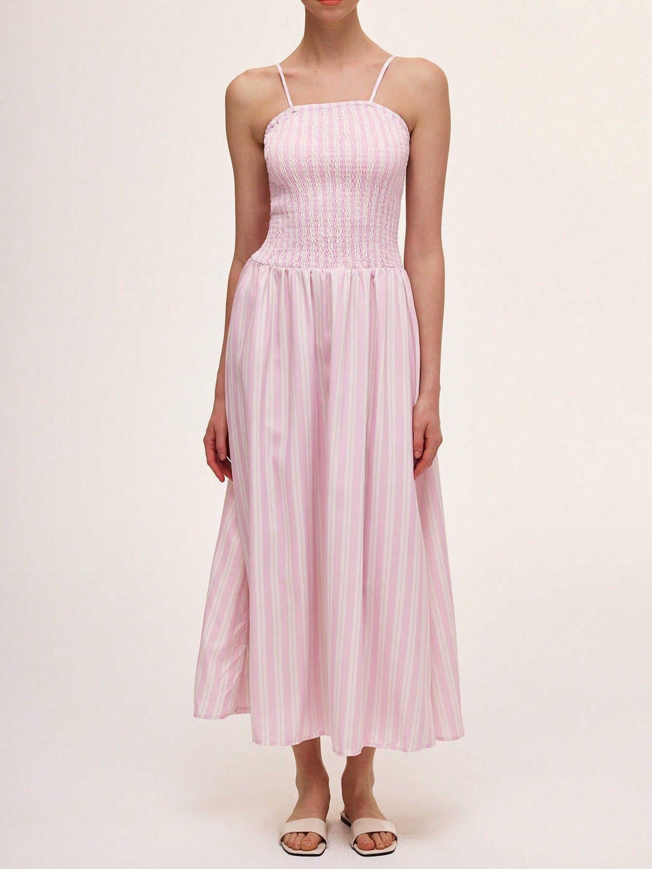 Pink and White Stripe Pleated Midi Dress with Cinched Waist for Effort – Canary Houze