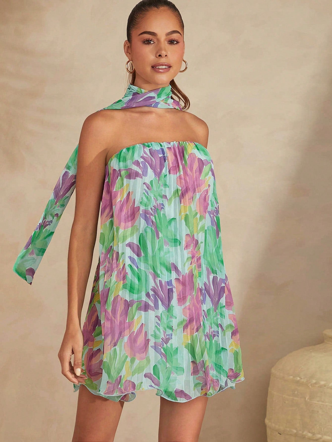 Pleated Wrap Neck Dress with Vibrant Floral Print - Elegant Floral Fashion for Any Occasion Pleated Wrap Neck Dress with Vibrant Floral Print - Elegant Floral Fashion for Any Occasion