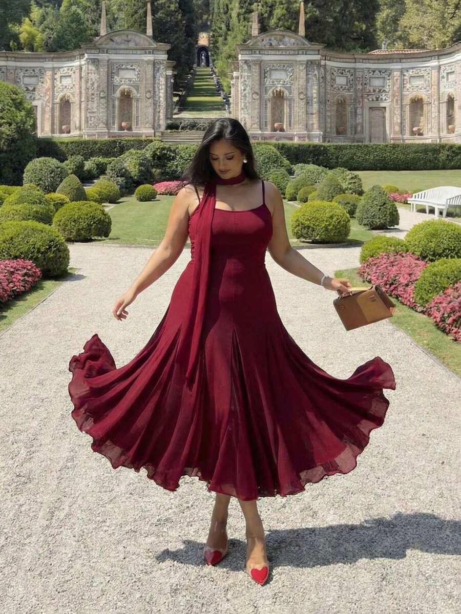 Plus-Size Burgundy Suspender Dress with Scarf Collar