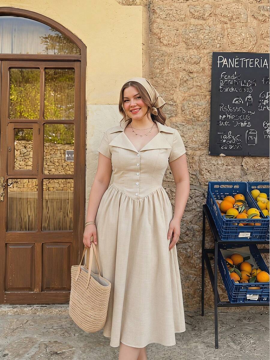 Plus Size Beige Cottagecore Midi Shirt Dress for Summer – Canary Houze