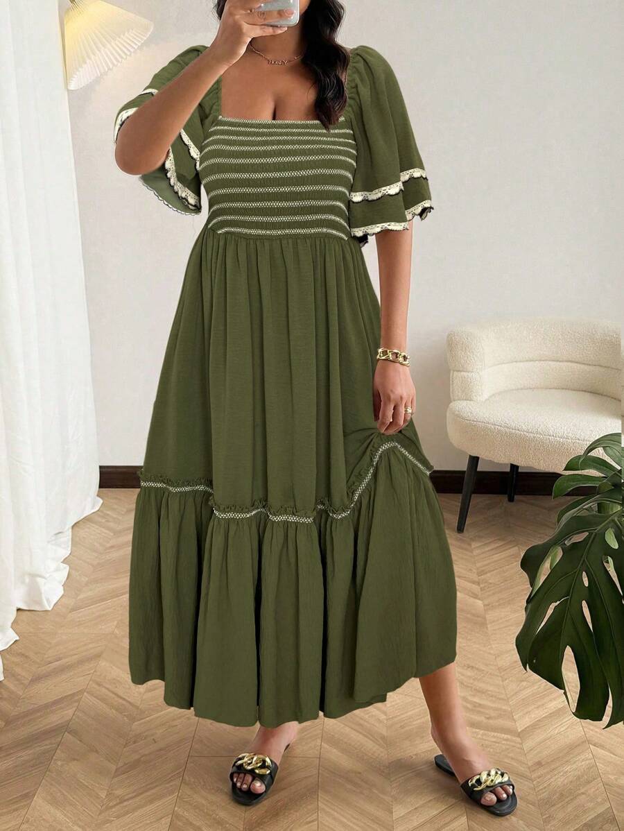 Plus Size Boho Beach Dress with Square Neck and Contrast Embroidery
