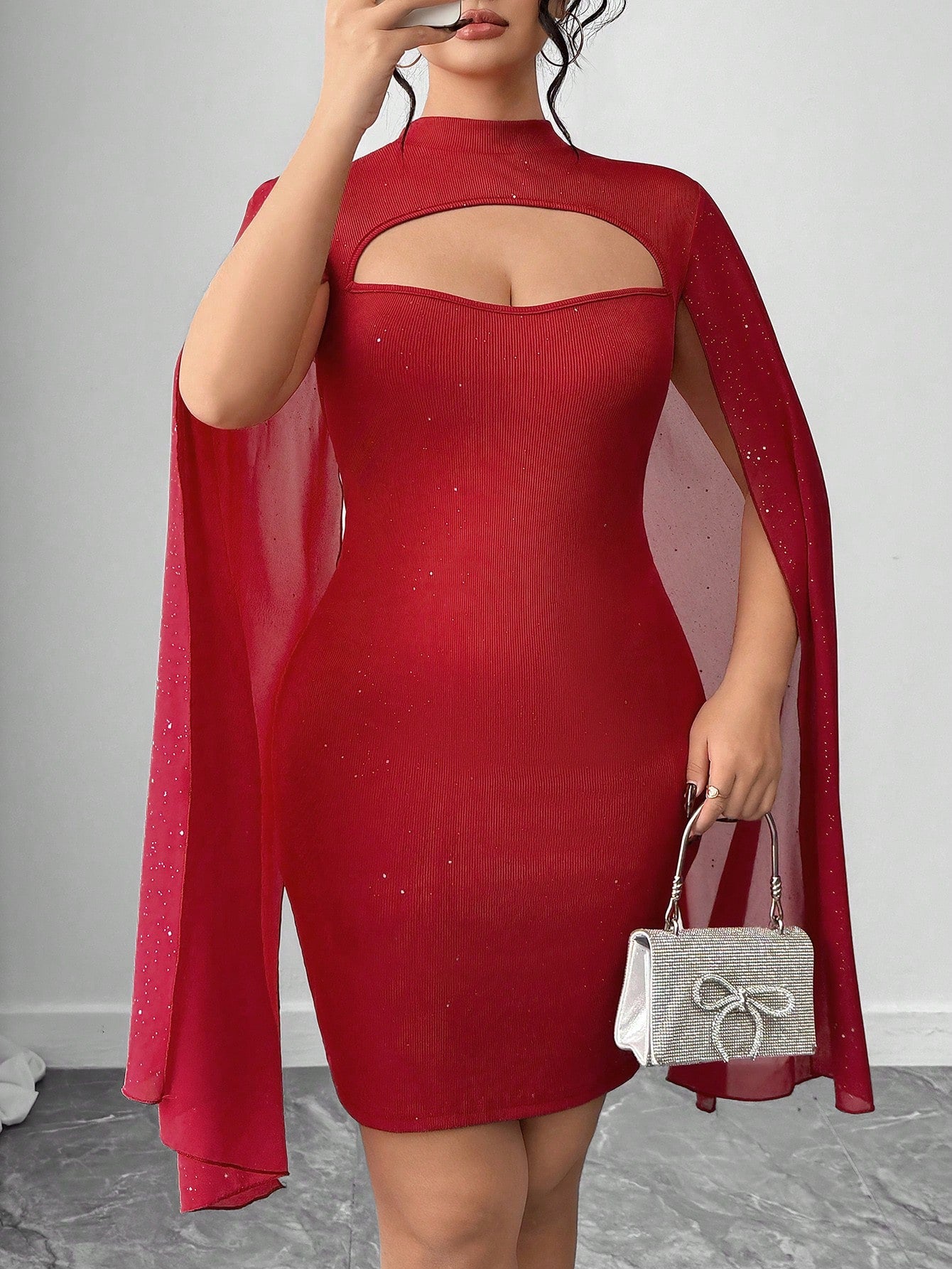 white christmas dresses Sage Collective Crew Neck Long Sleeve Bodycon Cutout Zipper Back Solid  Clipped Chiffon Dress