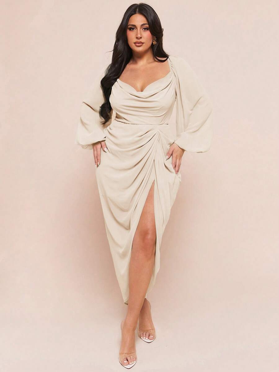 green emerald velvet dress Plus Size Glitter Dot Draped Midi Dress main image 0