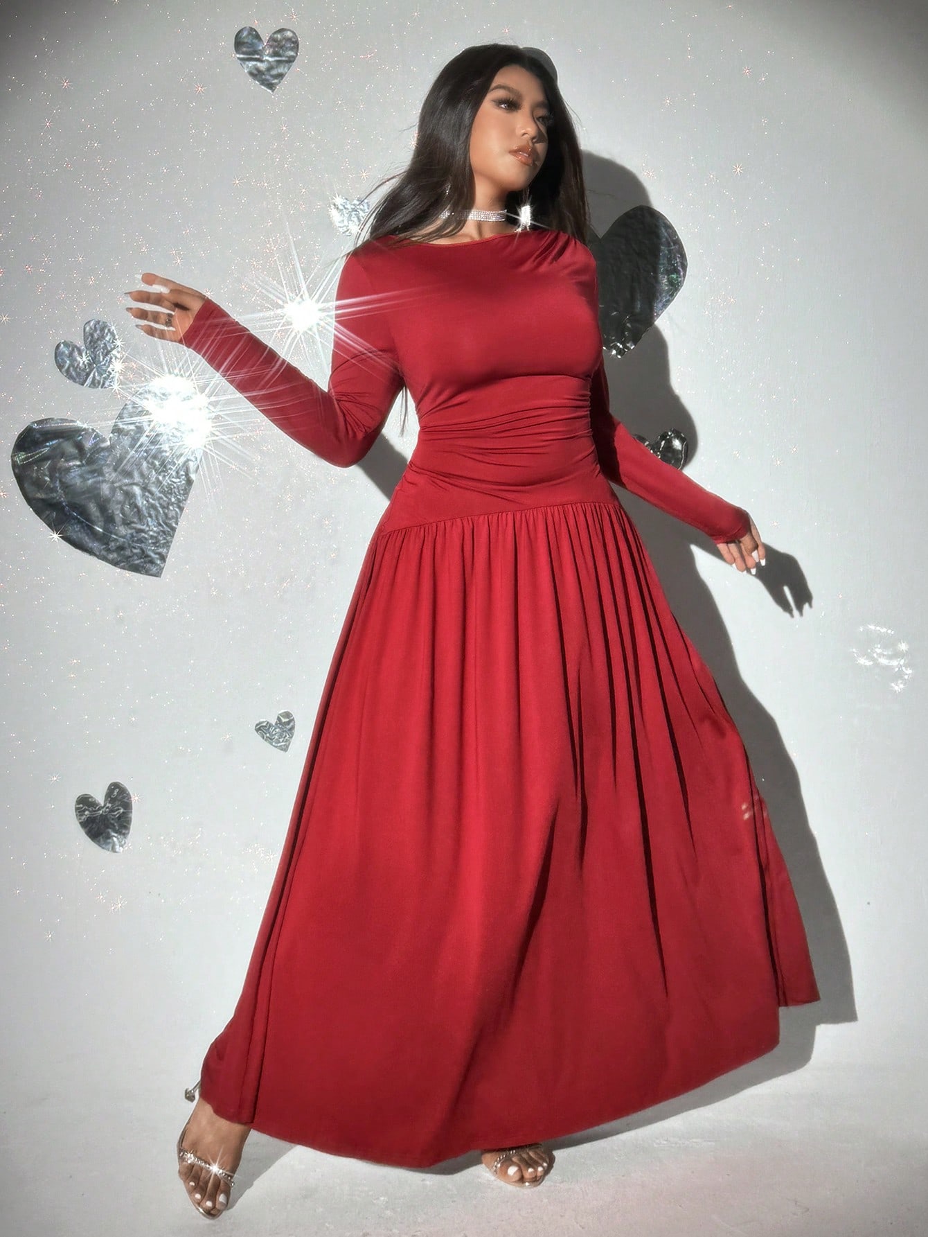 Plus Size Elegant Pleated Dress for Women - Solid Color Round Neck Long Sleeve for Christmas & Valentine's Day Plus Size Elegant Pleated Dress for Women - Solid Color Round Neck Long Sleeve for Christmas & Valentine's Day