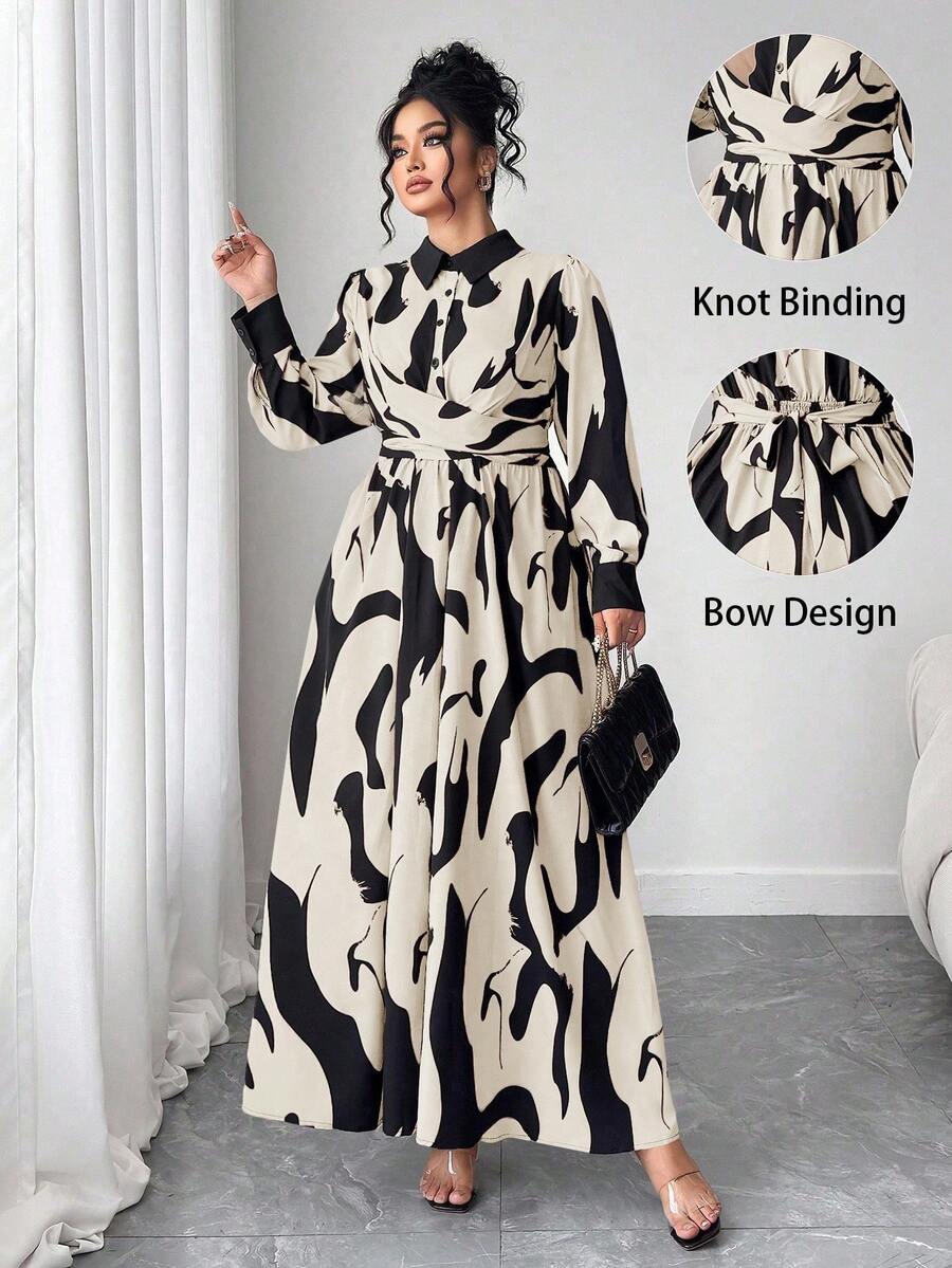 Plus Size Full Print Black & Beige Elegant Autumn Graceful Waist Twist A-Line Maxi Dress Plus Size Full Print Black & Beige Elegant Autumn Graceful Waist Twist A-Line Maxi Dress