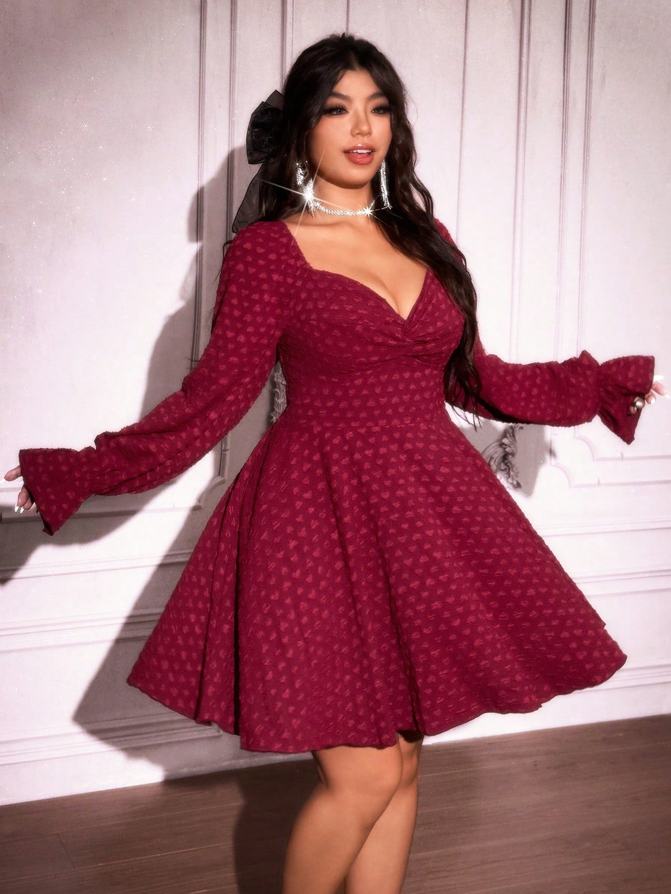 Plus Size Heart Texture Red Dress with Rhinestone Collar