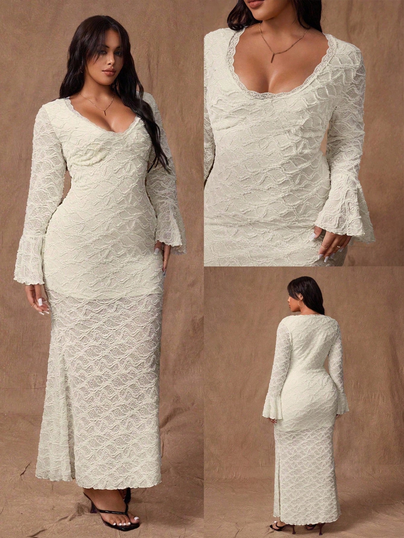 Plus Size Lace Patchwork Solid Color Elegant Autumn Winter Flare Sleeve Ruffle Hem Mermaid Long Dress Plus Size Lace Patchwork Solid Color Elegant Autumn Winter Flare Sleeve Ruffle Hem Mermaid Long Dress