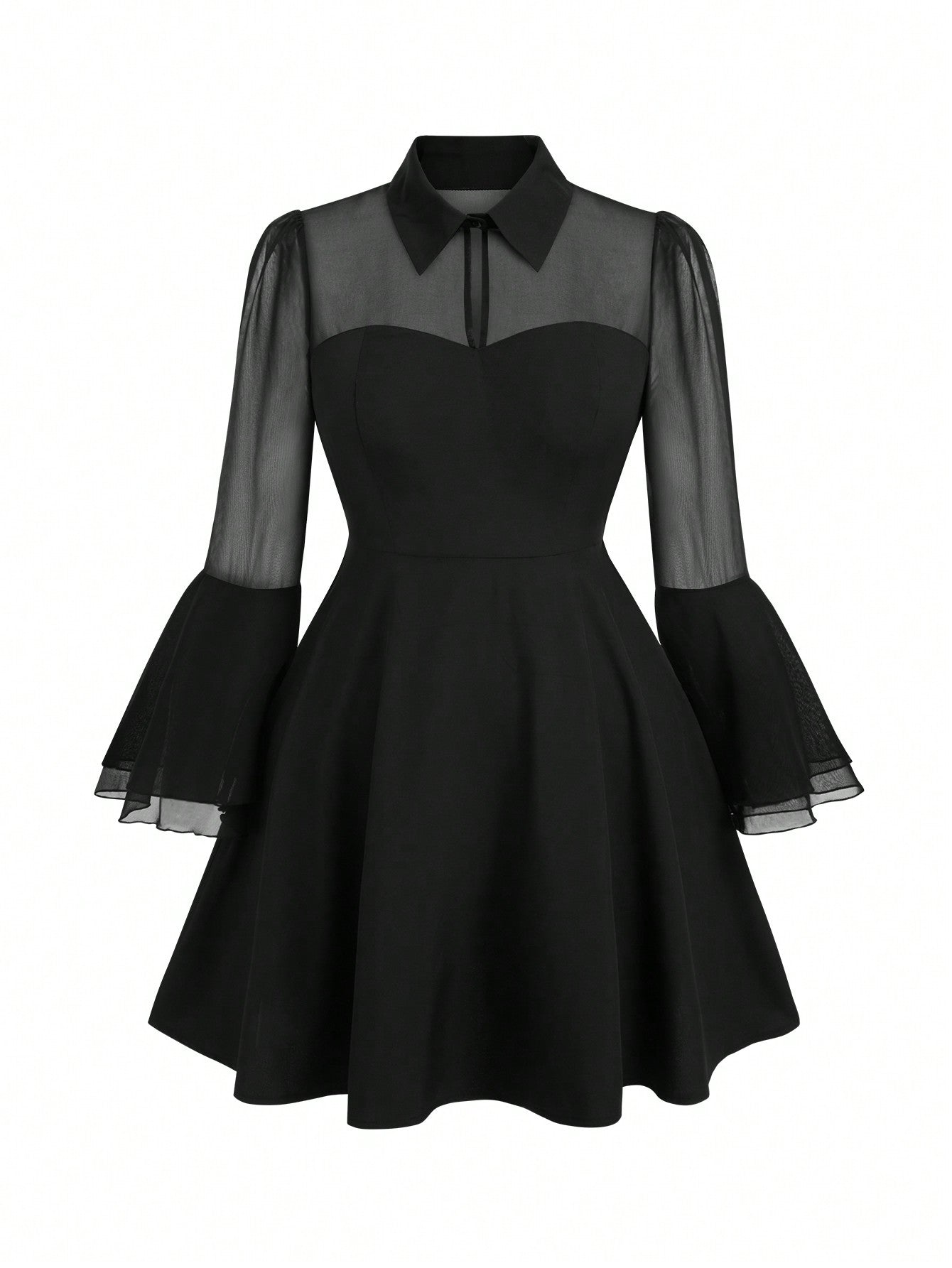 Plus Size Mesh Flare Sleeve Long Sleeve Dress