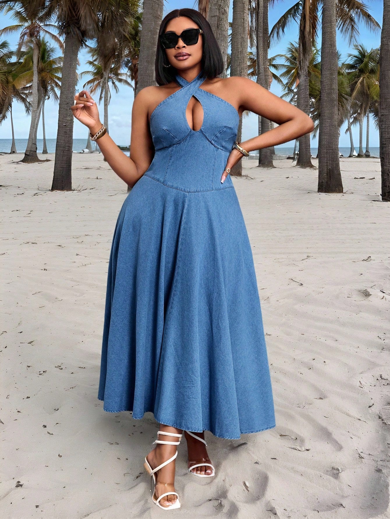 minimalist summer dress Plus Size Minimalist Hollow Out Denim Dress for Effortless Summer Style and  Vacation Vibes