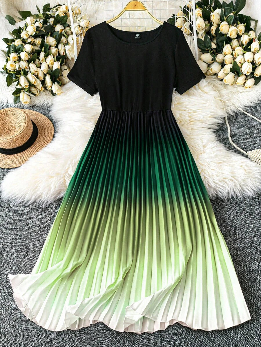 Plus Size Ombre Pleated Hem Dress Set for Women - Short Sleeve Knit Fitted Soft Brushed Slim Design Plus Size Ombre Pleated Hem Dress Set for Women - Short Sleeve Knit Fitted Soft Brushed Slim Design