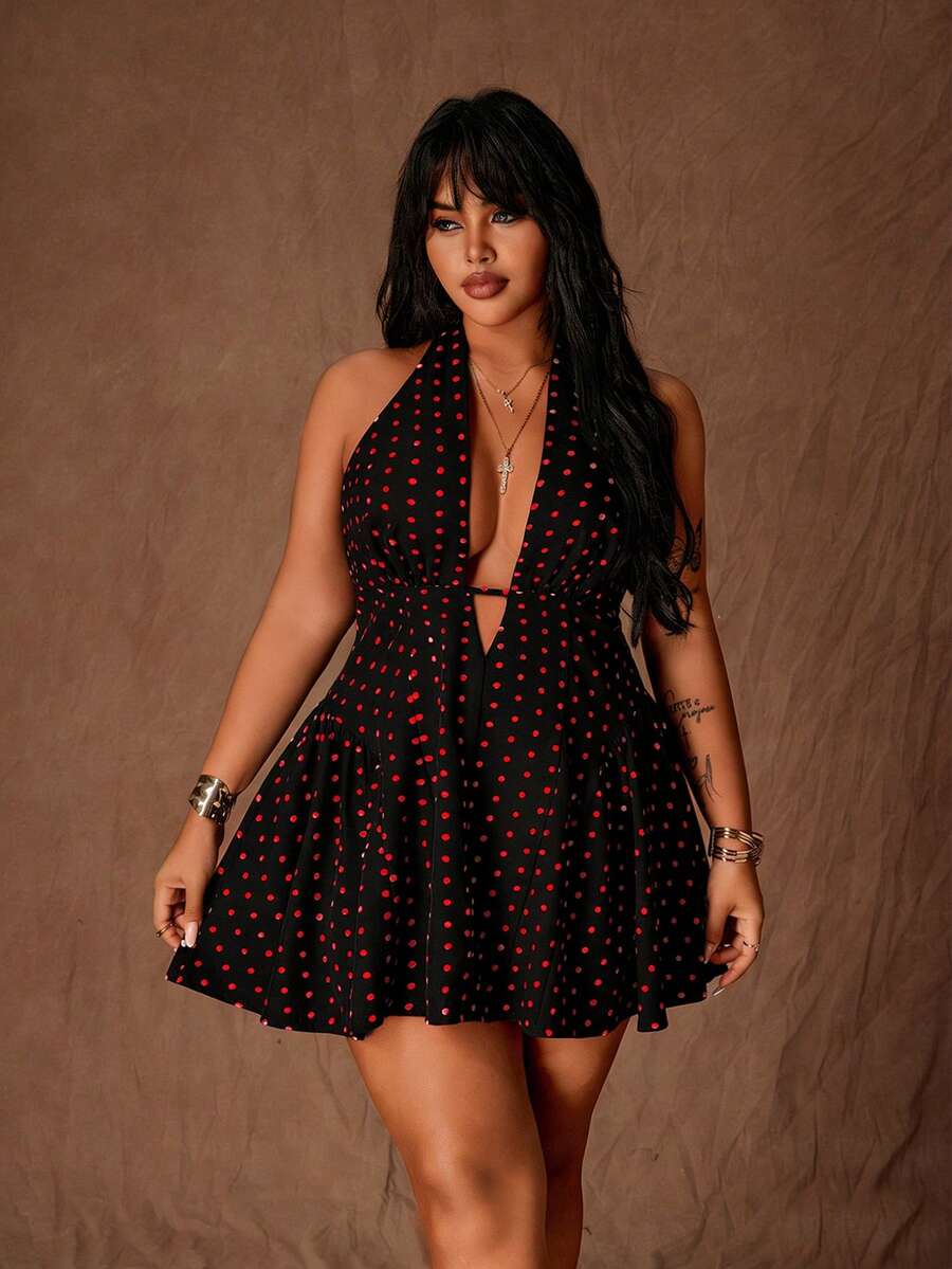 Plus Size Polka Dot Halter Tie Black and White Sexy Party A-Line Mini Dress Autumn Winter Fashionable Elegant Flare Dress Plus Size Polka Dot Halter Tie Black and White Sexy Party A-Line Mini Dress Autumn Winter Fashionable Elegant Flare Dress