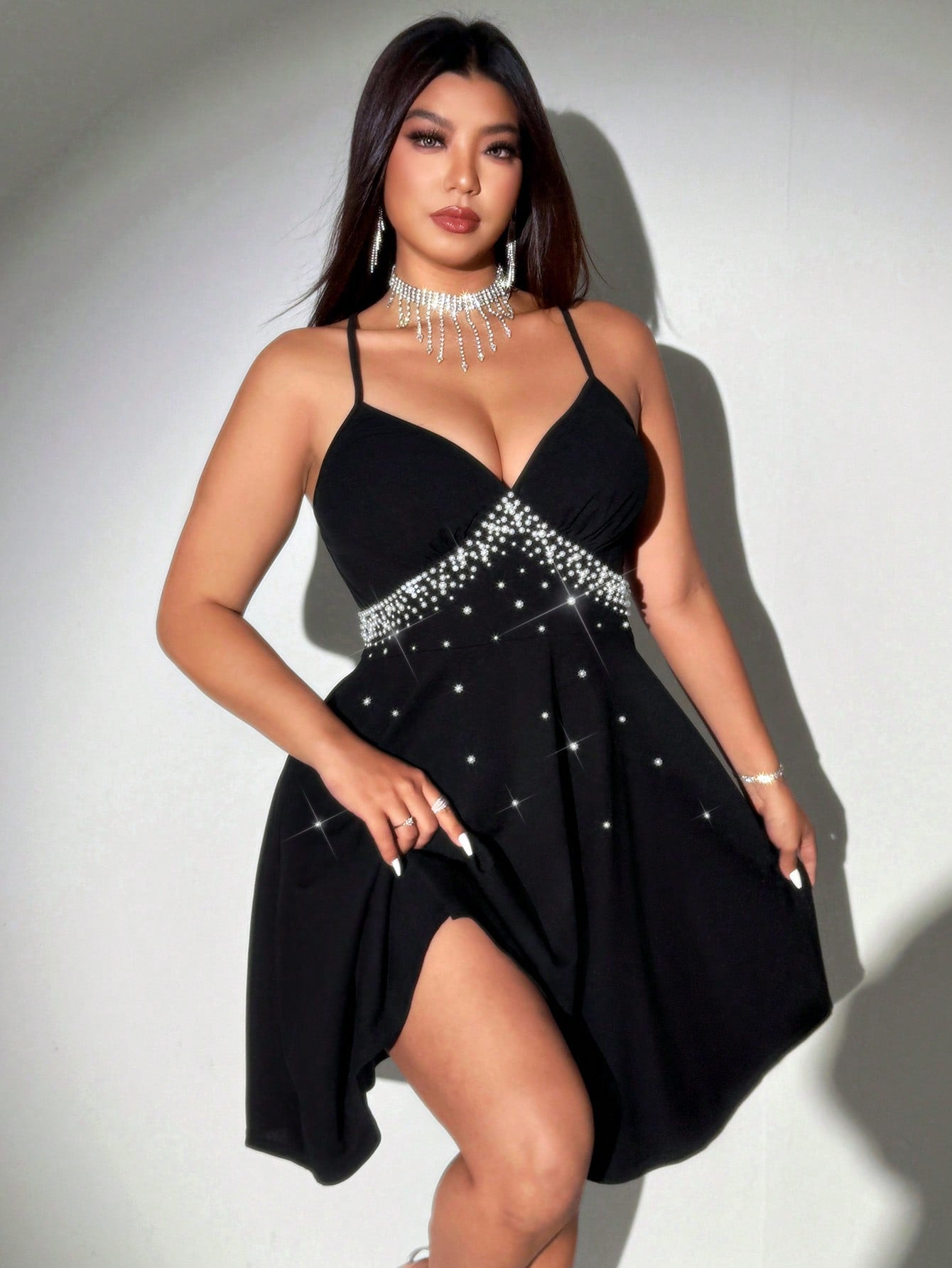 Shein |Plus Size Women Elegant Luxurious Pearl Decor Romantic Spaghetti Strap Dress, Valentine's Day Shein |Plus Size Women Elegant Luxurious Pearl Decor Romantic Spaghetti Strap Dress, Valentine's Day
