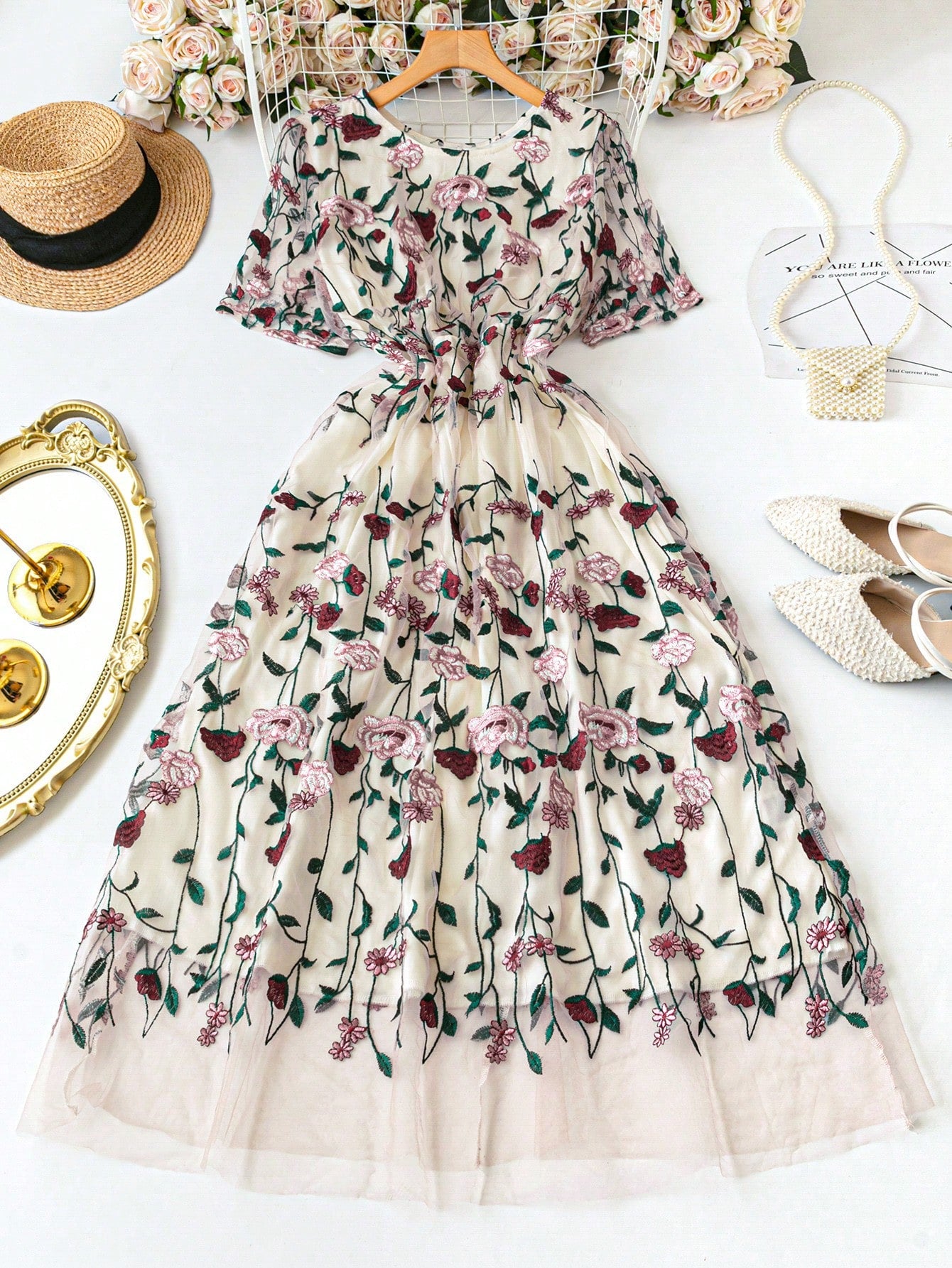 Plus Size Retro Midi Dress: Romantic Mesh Embroidered Style for Women