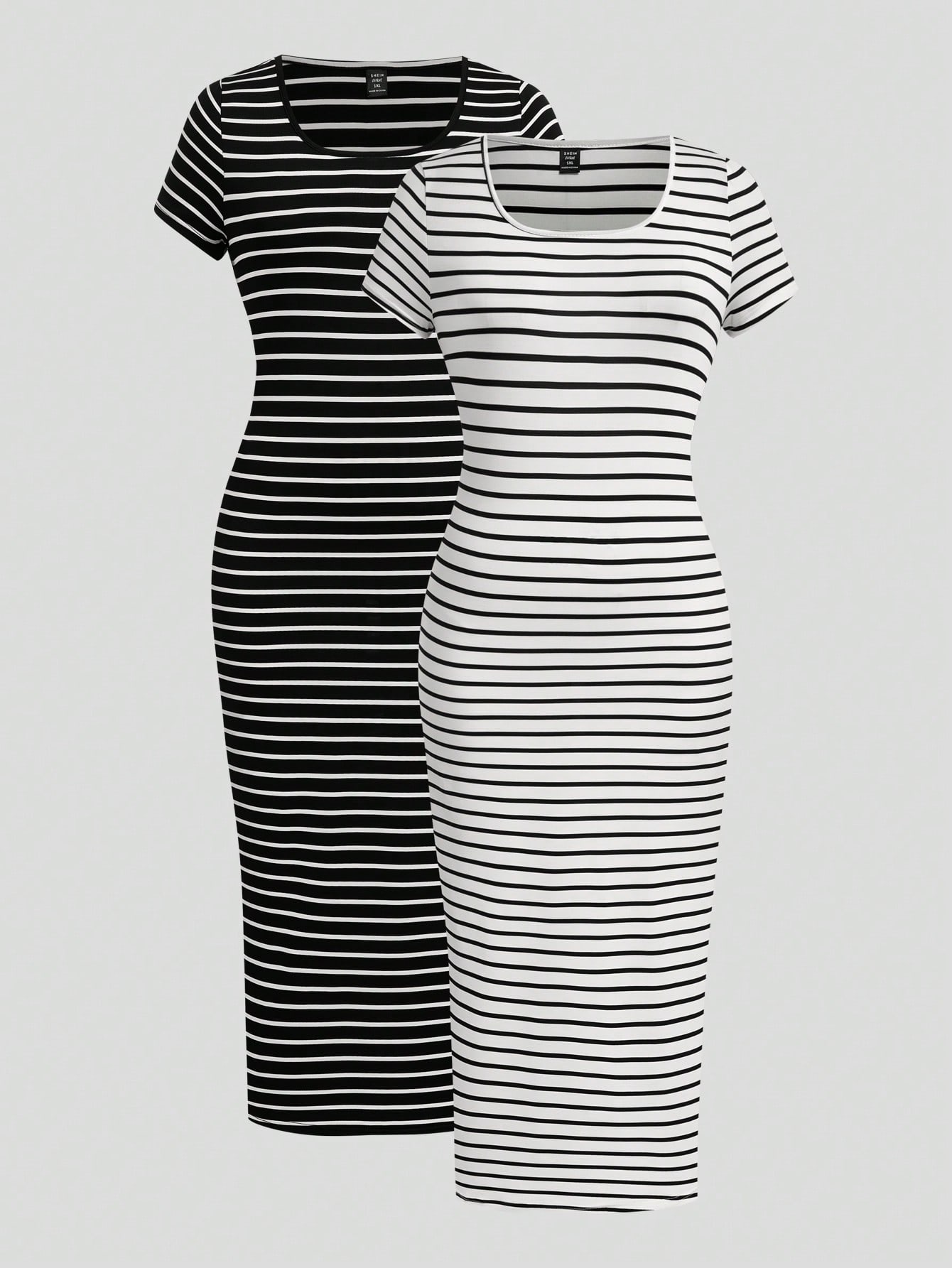 plus size black and white striped dress Plus Size Striped Long Dress Set