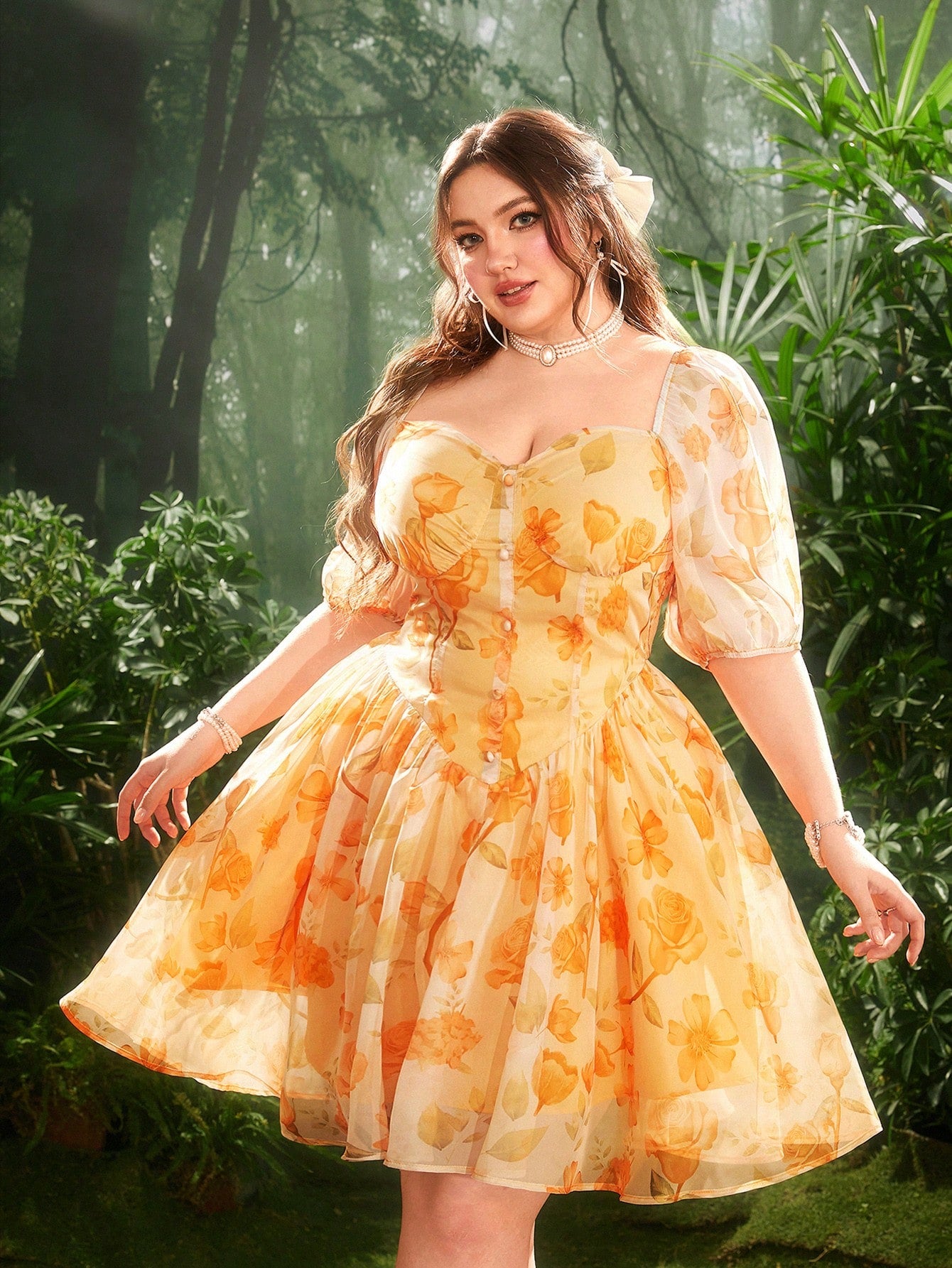 Plus Size Vintage Floral Chiffon Puff Sleeve Dress