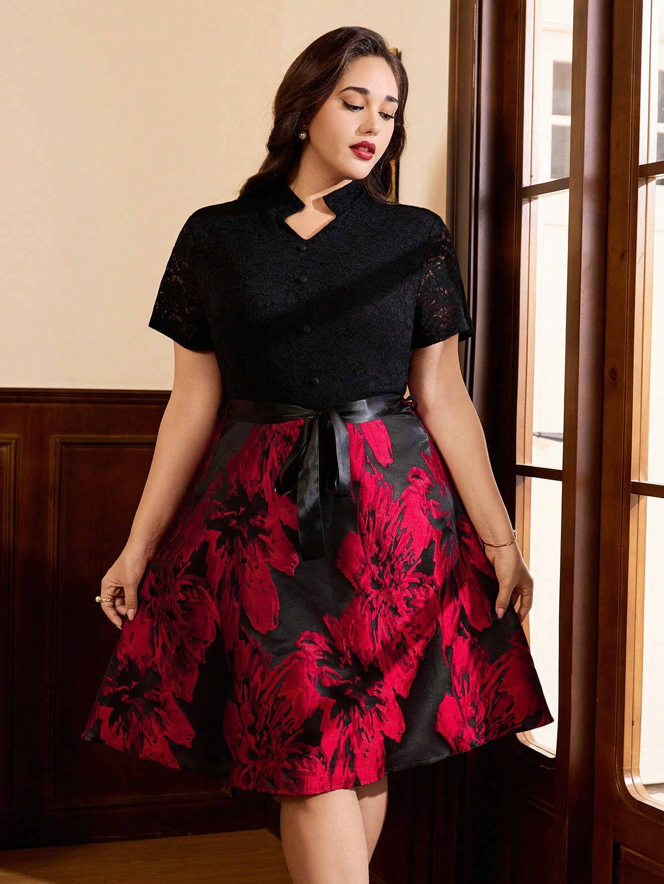 SheIn |Plus Size Vintage Elegant Mandarin Collar Valentine's Day Fitted Lace Dress