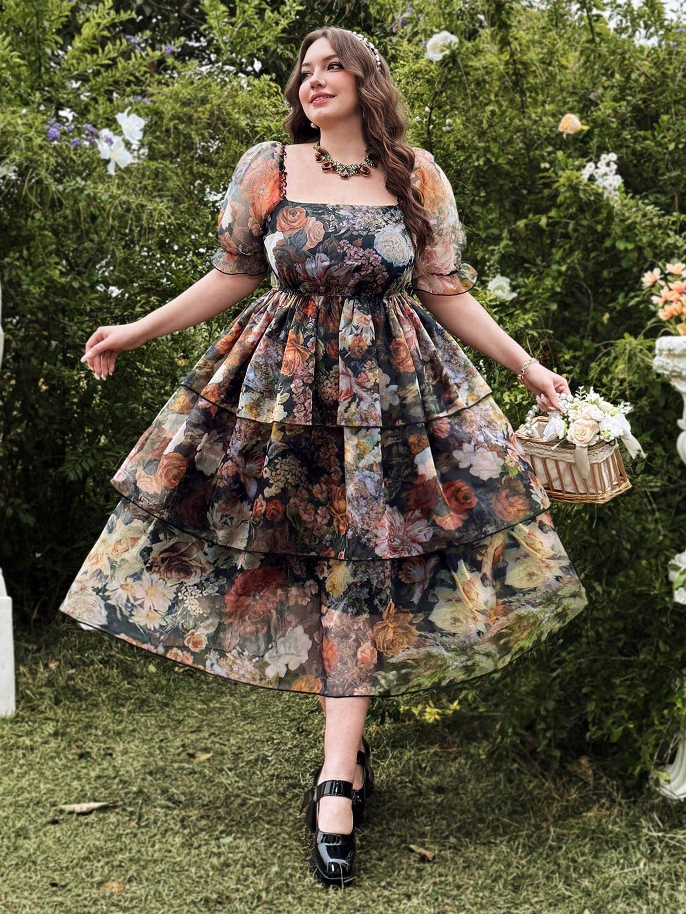 Plus Size Vintage Oil Painting Print Layered Organza Dress