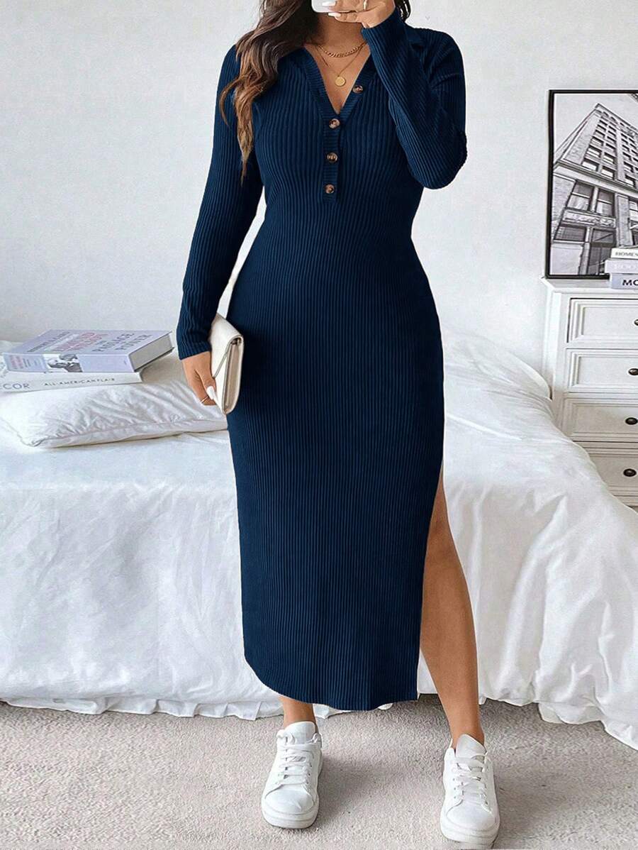 knee length dresses for ladies Vionelle Plus Size Women Solid Color Knit Ribbed V-Neck Button Detail High Slit Dress Maxi Women Outfit Fall Cloth for Women,2XL