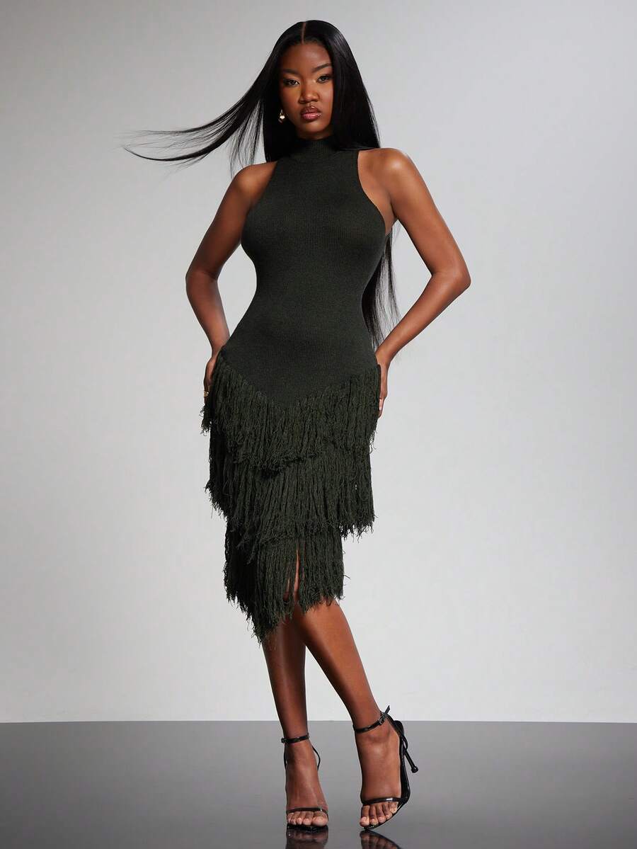 Sleevless Turtle Neck Bodycon Dress with Fringe Detail