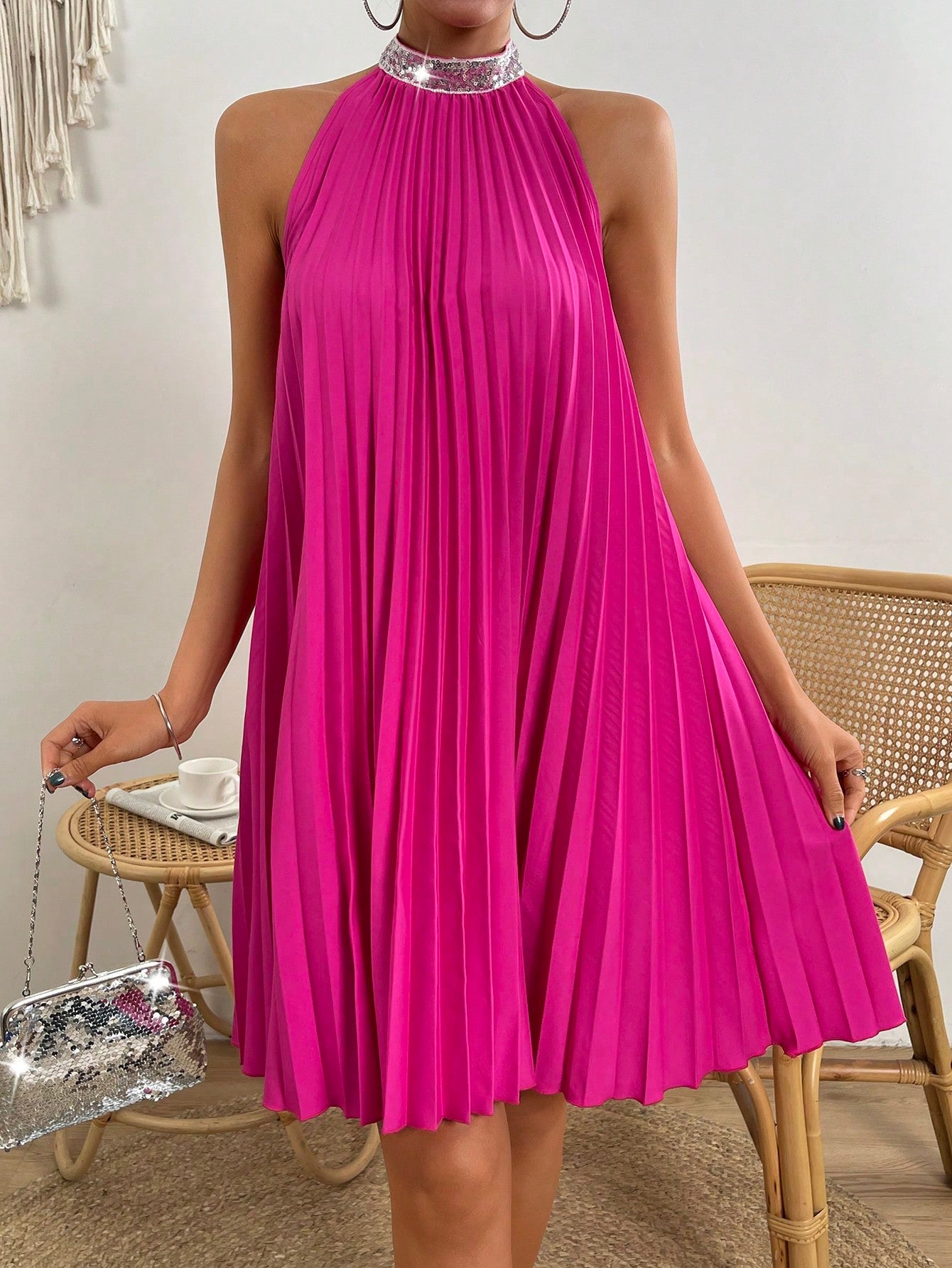 Sparkling Elegance: Contrast Sequin Pleated Halter Neck Dress Sparkling Elegance: Contrast Sequin Pleated Halter Neck Dress