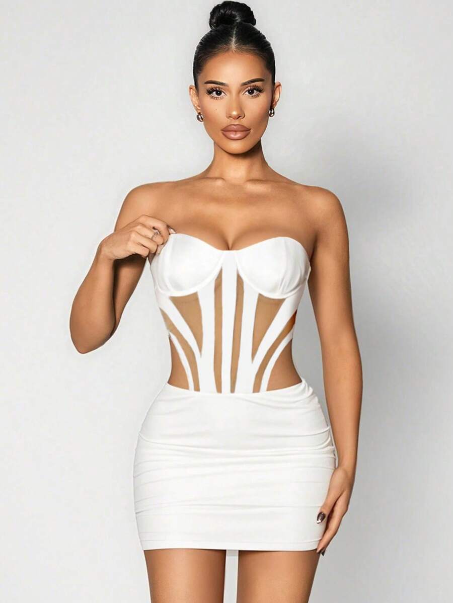 underwire mini dress Spring Sexy Women’s Hollow Splicing Underwire Mini Dress with Ruched Detail