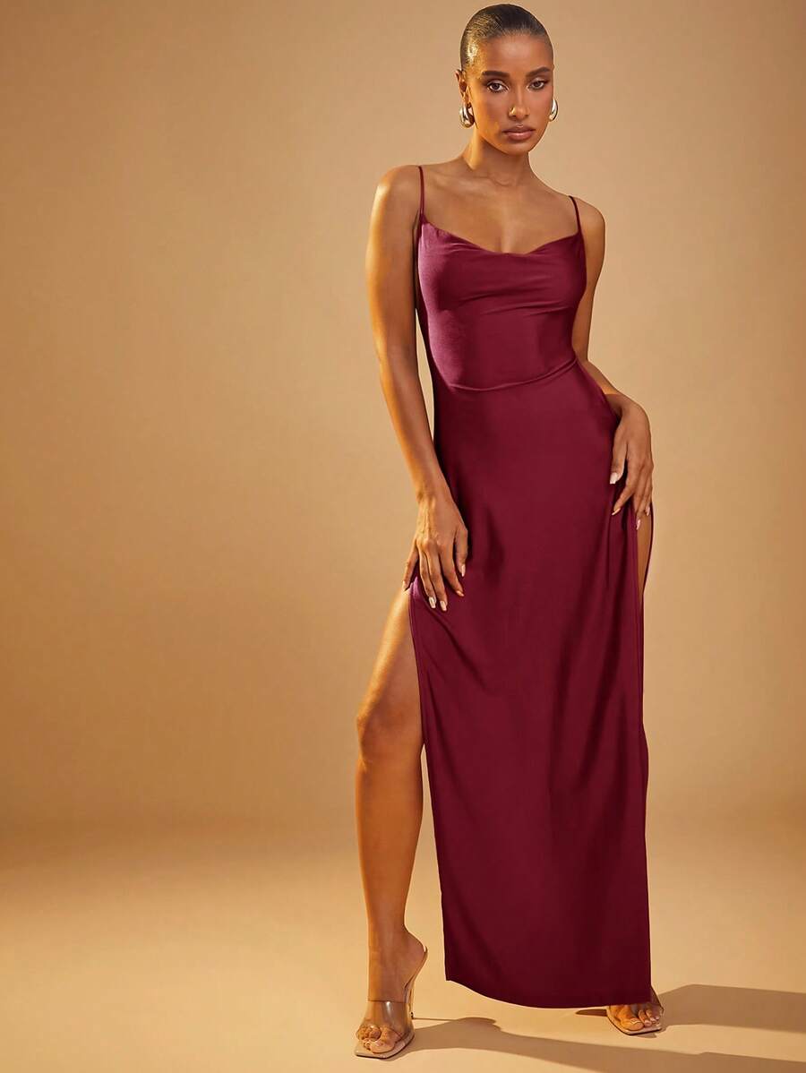 SheIn |Elegant Red Backless Maxi Dress with Lace-Up Back and High Slit,Prom Dress