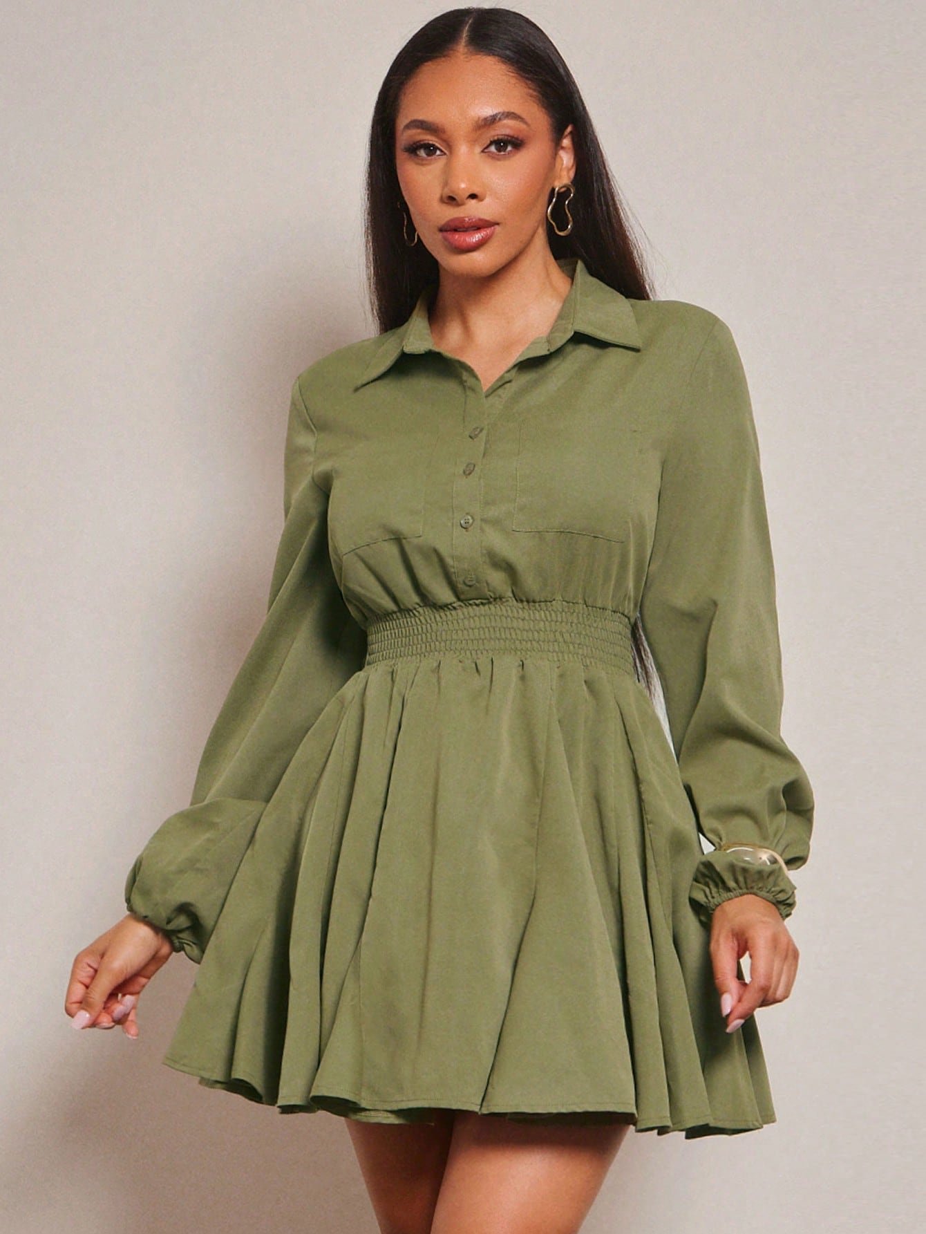 Stylish Balloon Sleeve Button-Up Shirred Waist Shirt Dress for Effortl Canary Houze Stylish Balloon Sleeve Button-Up Shirred Waist Shirt Dress for Effortl Canary Houze