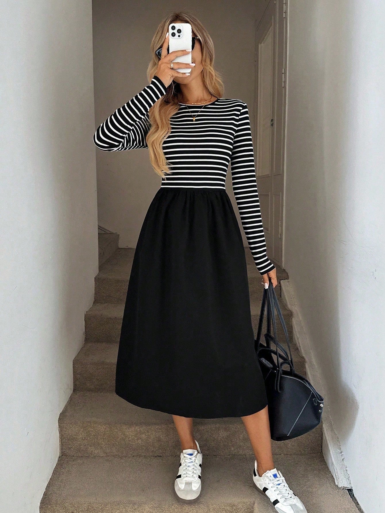 Stylish Black and White Striped Long Sleeve Midi Dress for Fall and Winter - Perfect for Daily Wear and Vacations Stylish Black and White Striped Long Sleeve Midi Dress for Fall and Winter - Perfect for Daily Wear and Vacations
