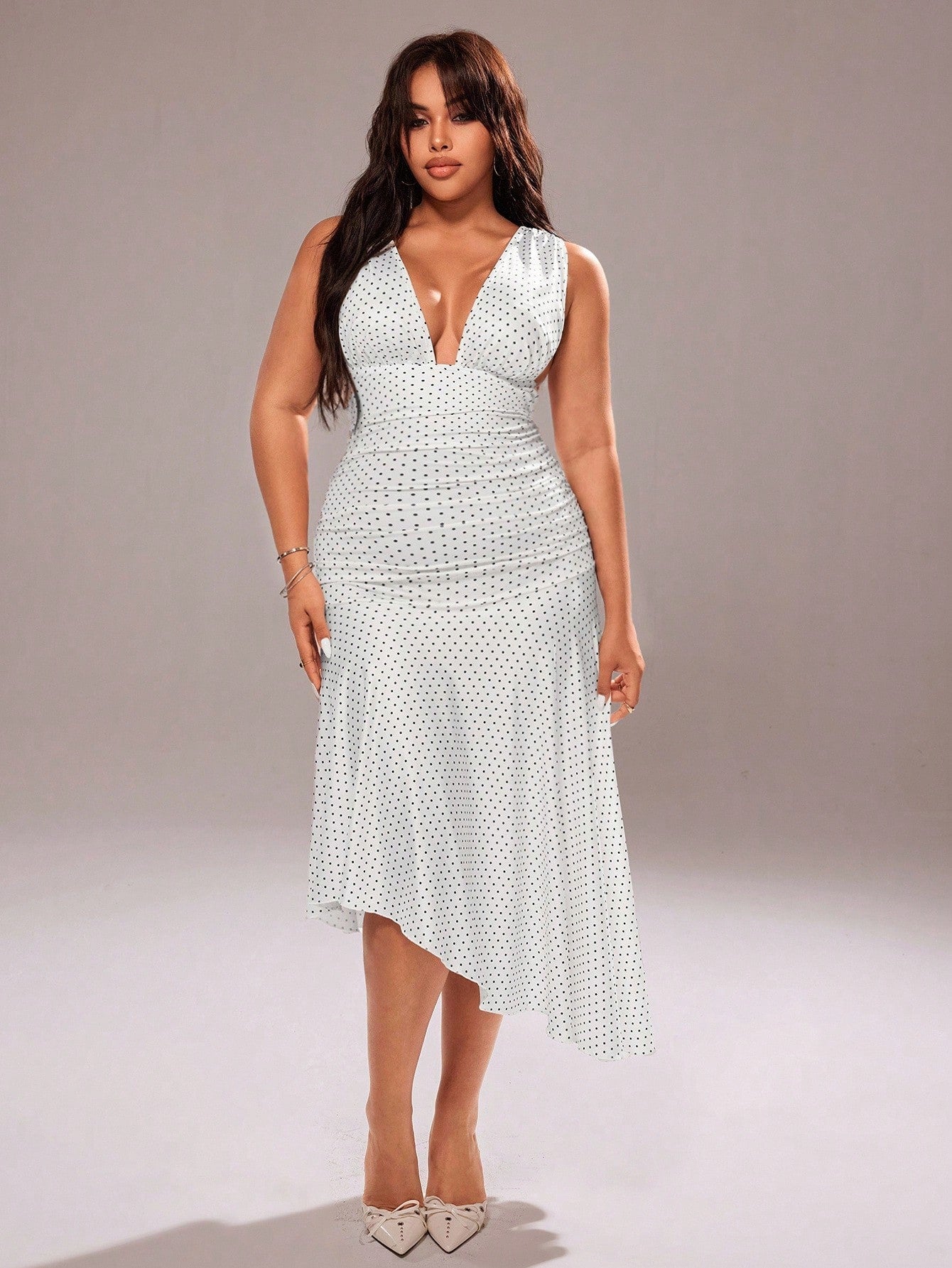 plus size polka dot maxi dress Plus Size Polka Dot Print Tiered Maxi Dress Above Ankle Length Anna-Kaci