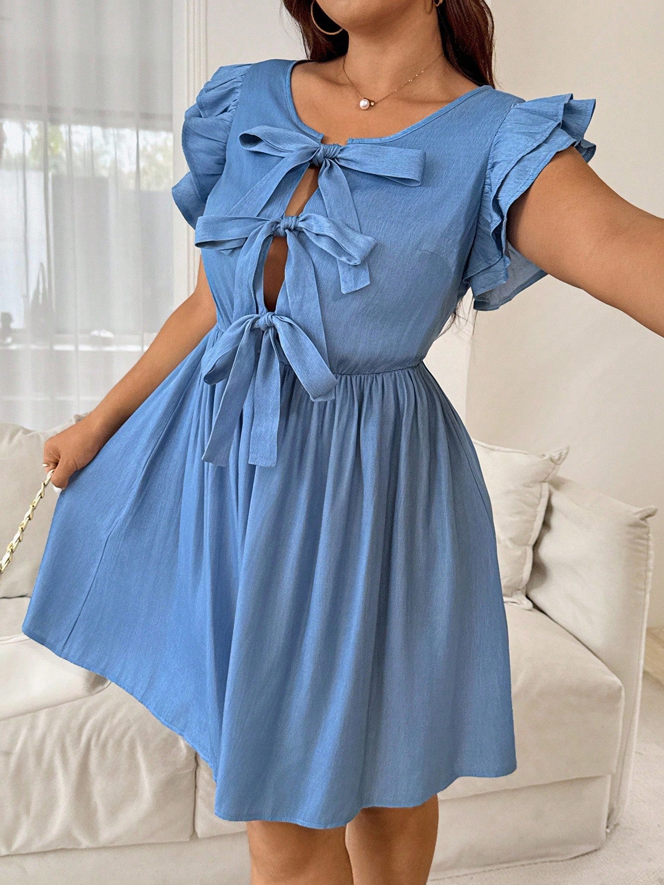flared sleeve dress plus size Stylish Plus Size Solid Color Casual Dress with Ruffle Flare Sleeves and Bow Detail